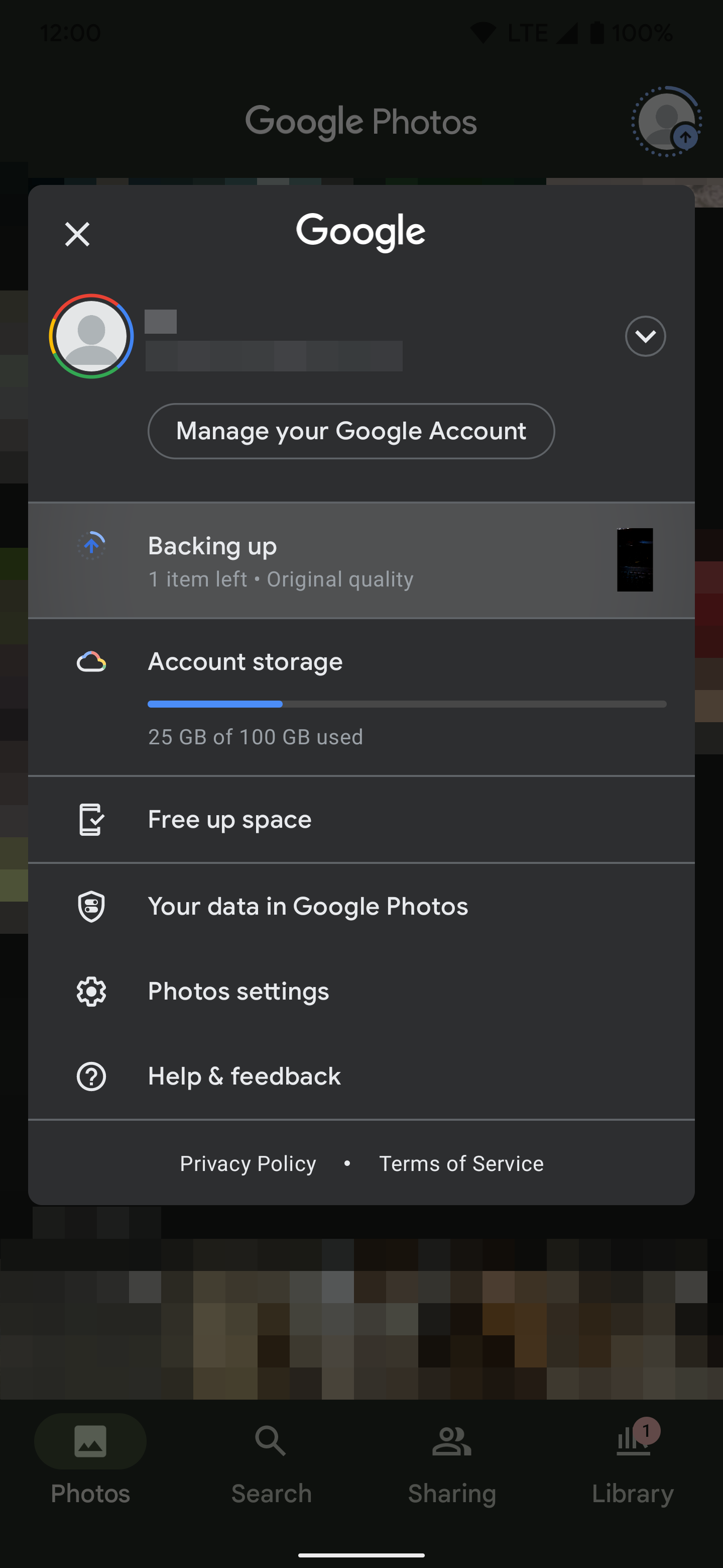 There is one item being backed up in the Google Photos app