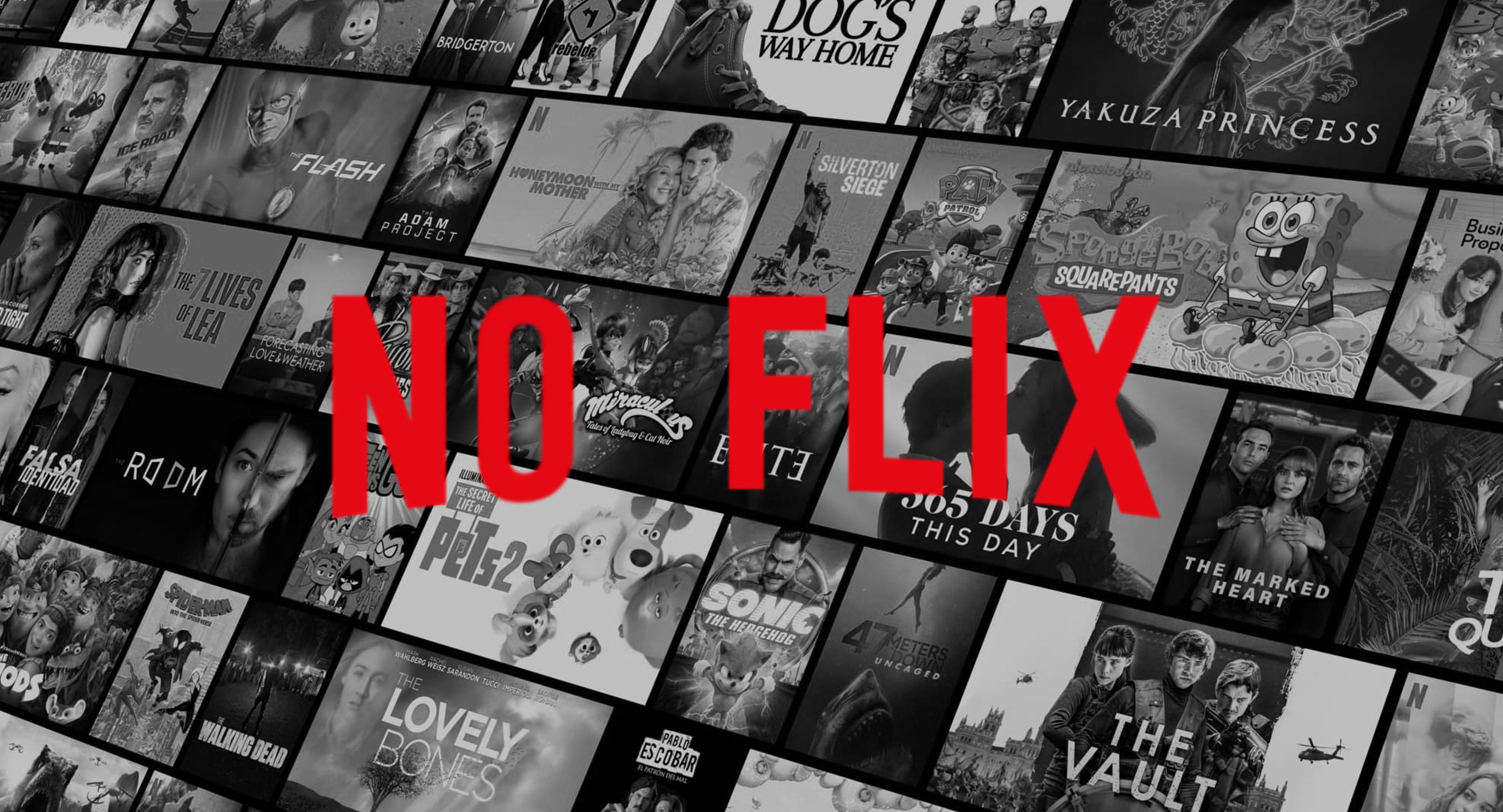 the words no flix in the netflix typeface on a desaturated field of movie and series posters