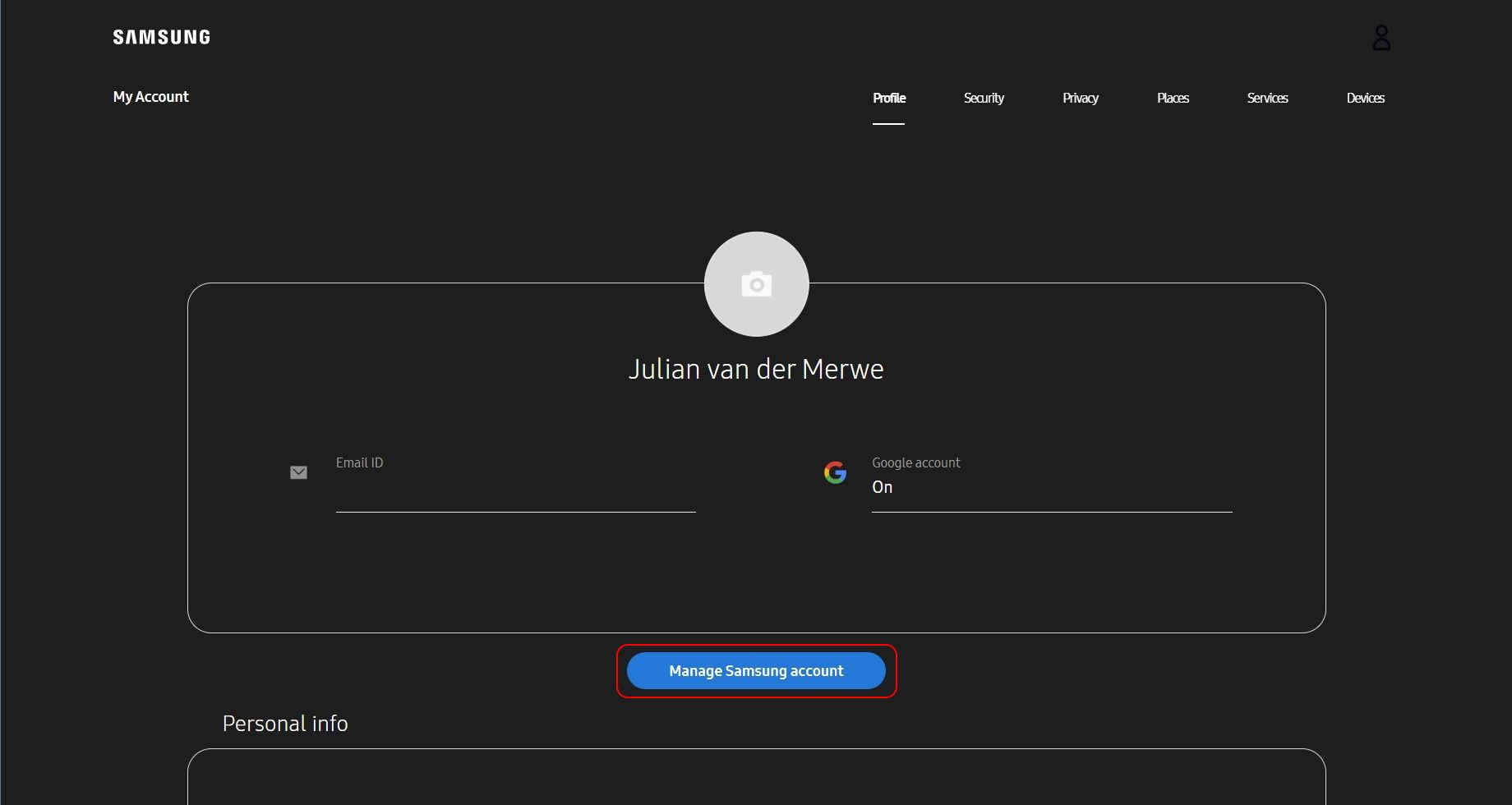 samsung account page with the manage samsung account button highlighted