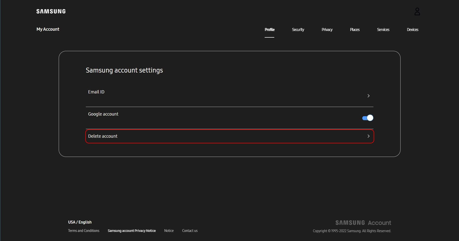 samsung account settings page with the delete account button highlighted