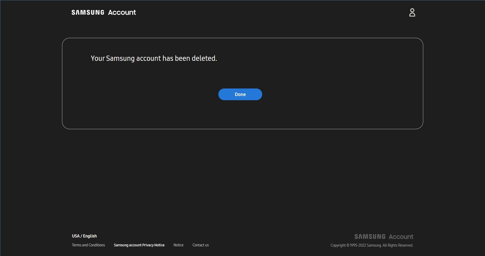 samsung account deletion completion page