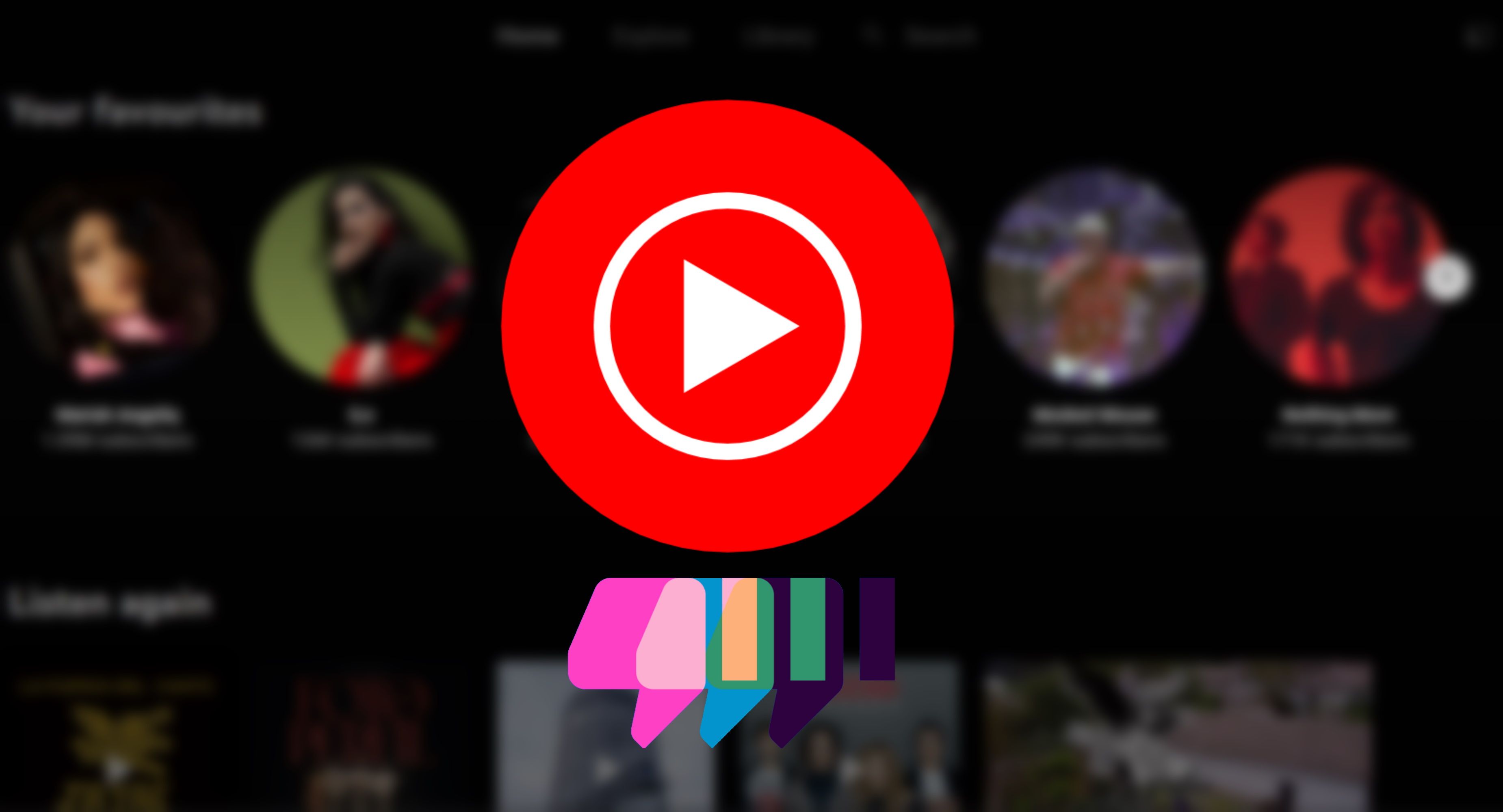 youtube music player blurred out in the background with the youtube music logo and a thumbs down symbol in the foreground