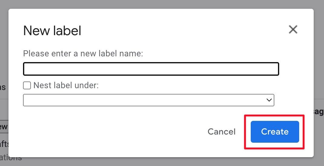 The new label dialog box in Gmail where you'll enter a label name