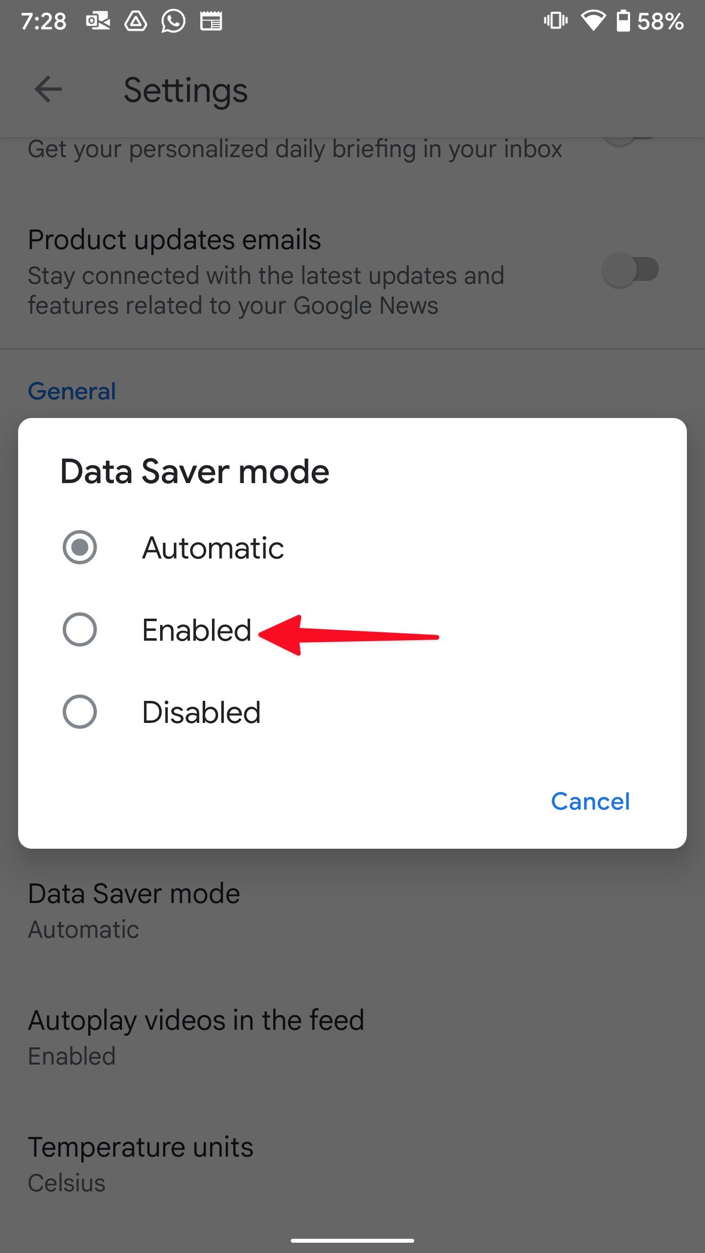 enable data saver mode in google news