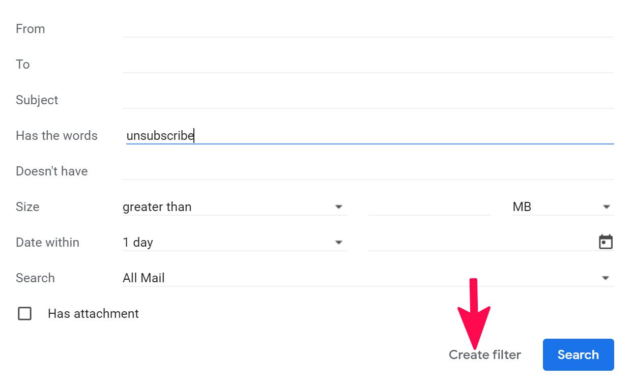 Creating a Gmail filter on web