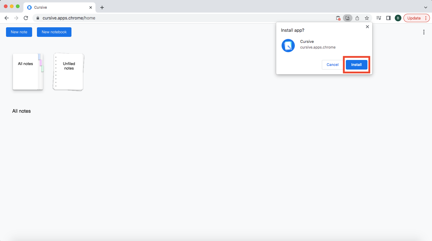 Opção de instalação do Google Cursive no navegador Chrome