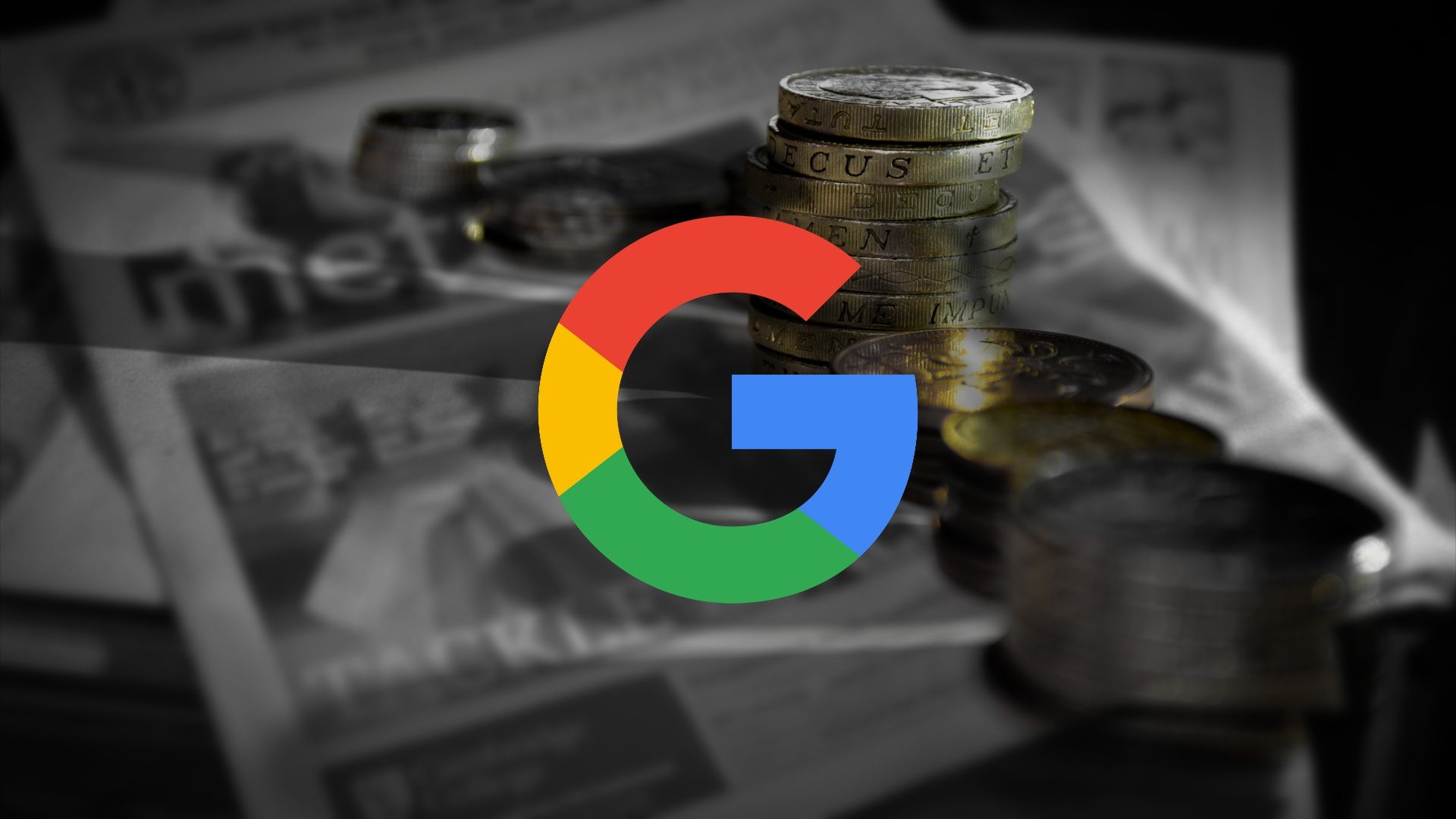 The Google logo overlaid on piles of coins on top of a newspaper