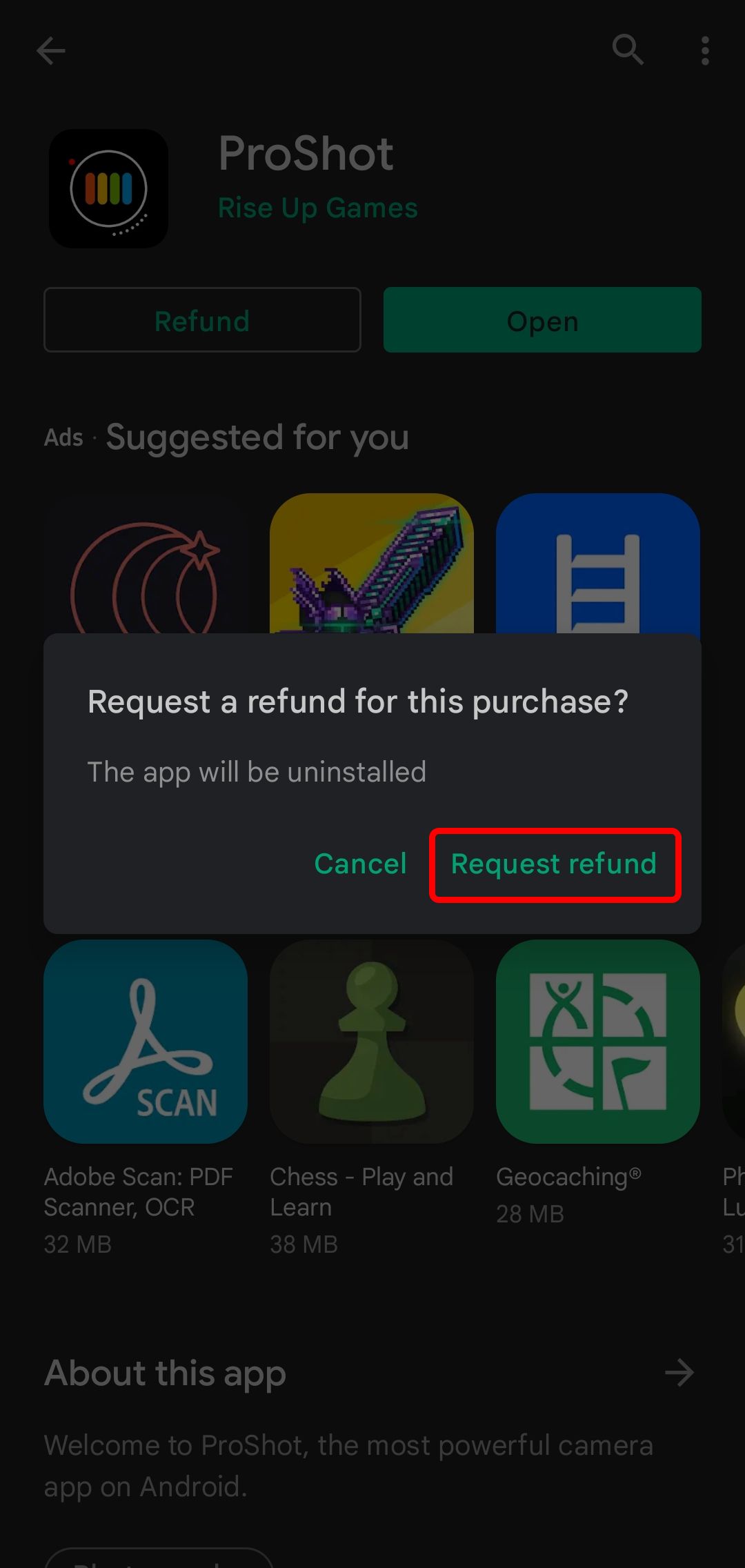 app in play store with refund button highlighted in red box