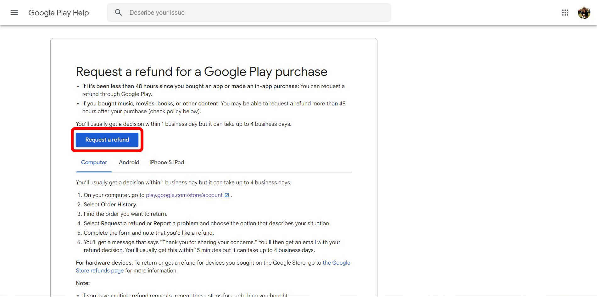 google play help page with request a refund button highlighted