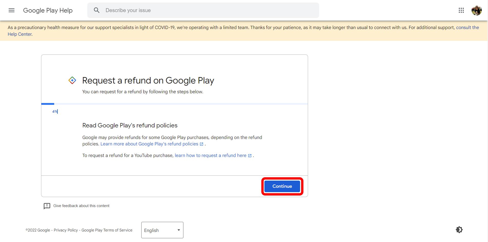 google play store help refund page with the continue button highlighted