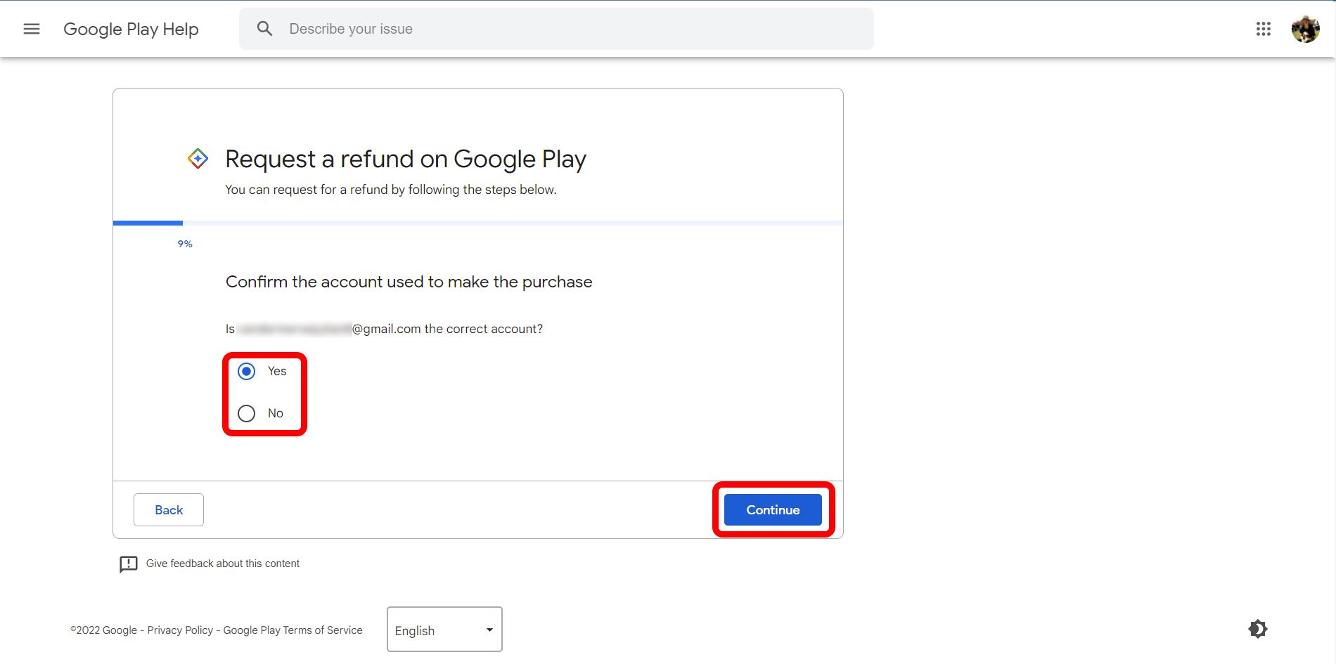 google play help help refund page requesting confirmation that the google account is correct. the continue button and yes and no options are highlighted