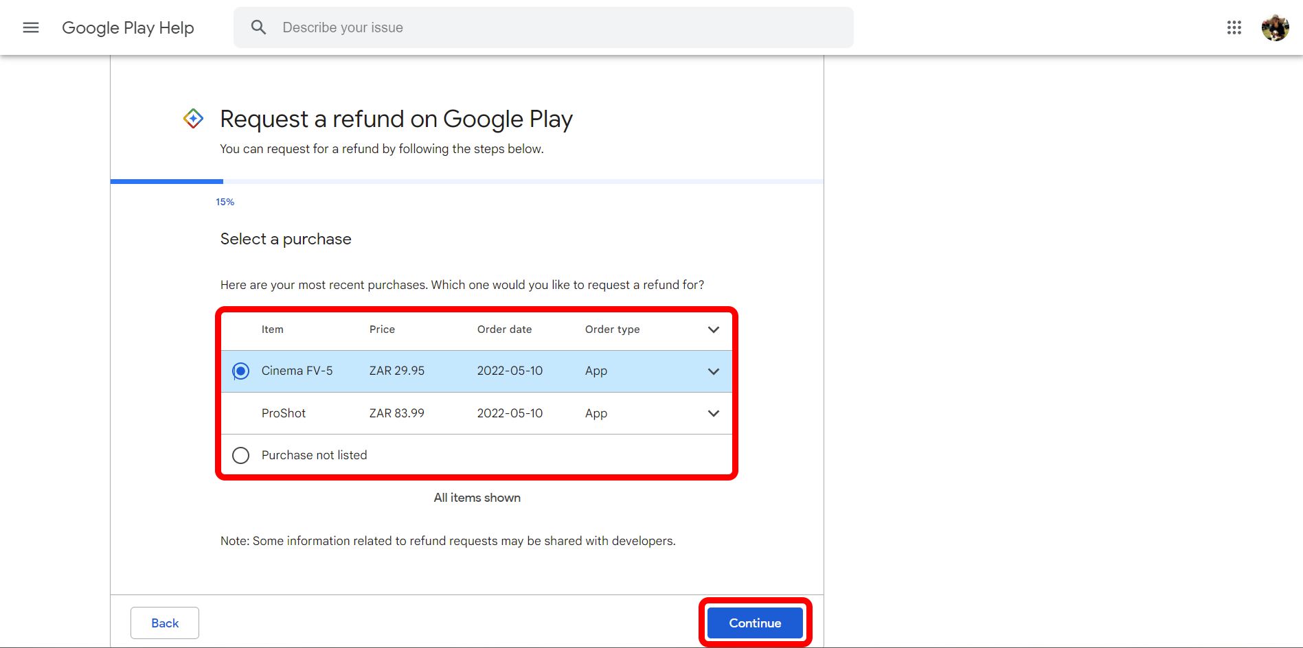 google play help refund page with recent purchases shown and the purchases block and continue button highlighted