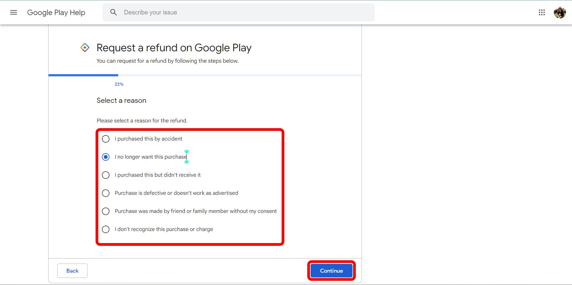 google play help page requesting a reason for cancelation with the continue button highlighted