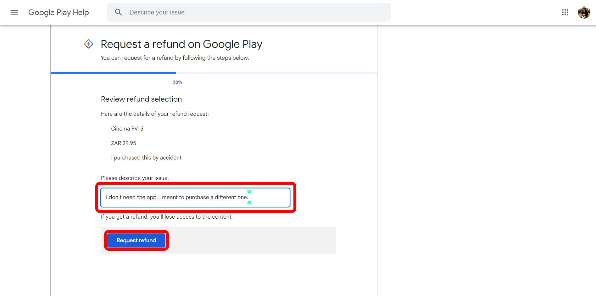 google play refund page requesting a reason for cancelation with the text field and the request cancelation button highlighted