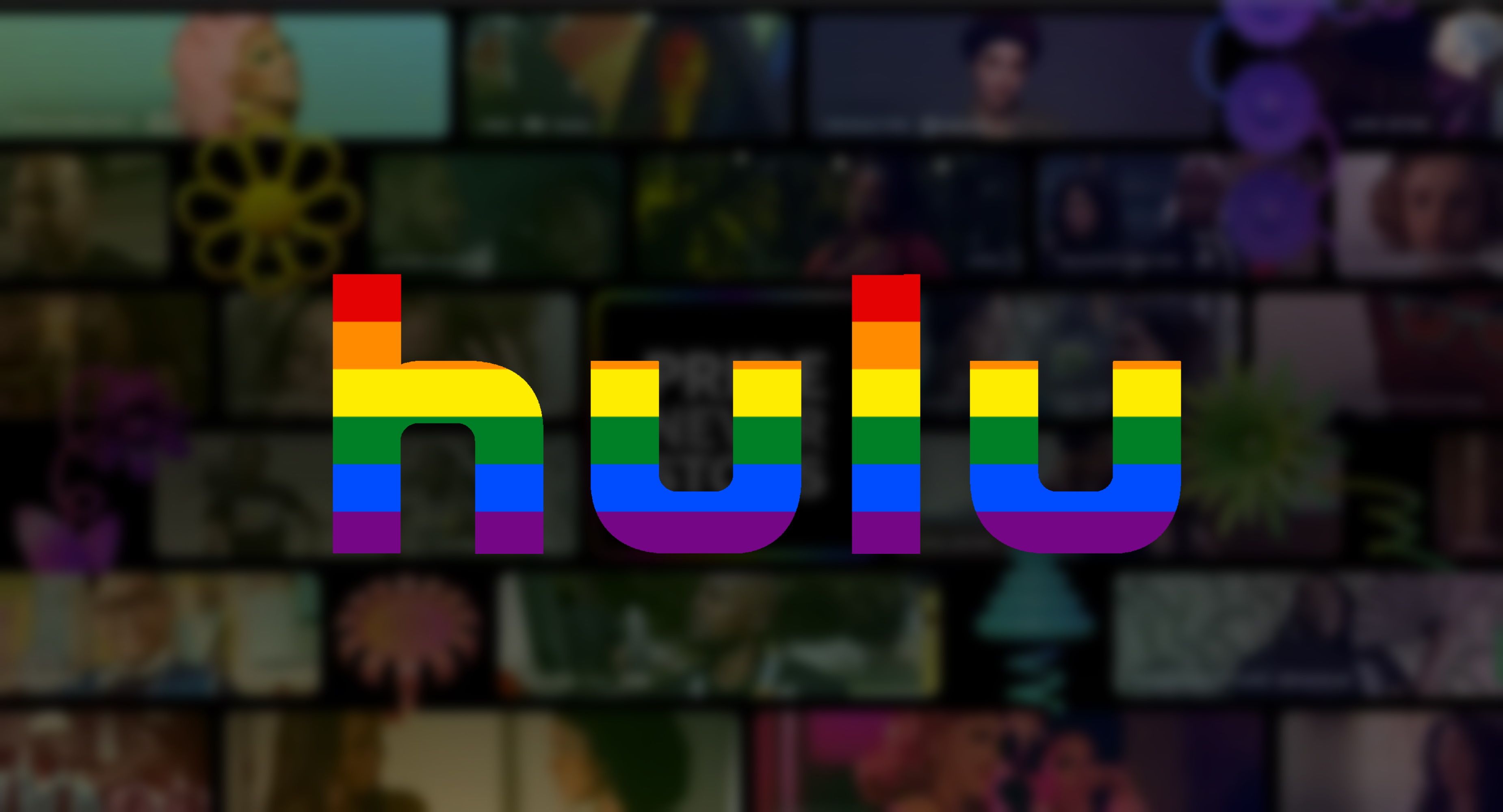 the hulu logo with the lgbtq flag colors on a blurred out background with movie and series posters