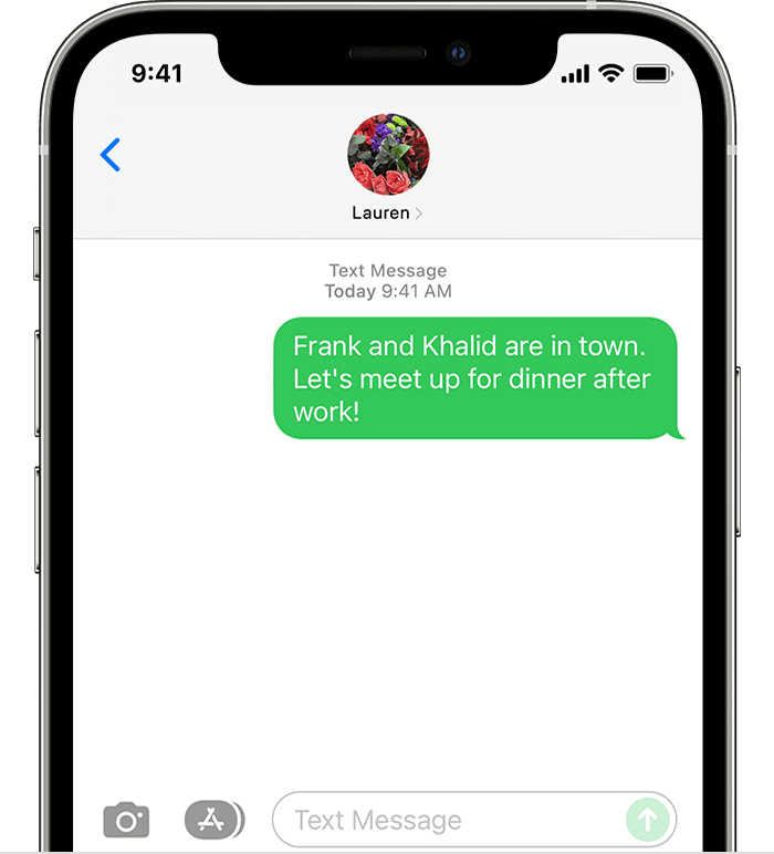 iMessage chat window with a green text bubble 