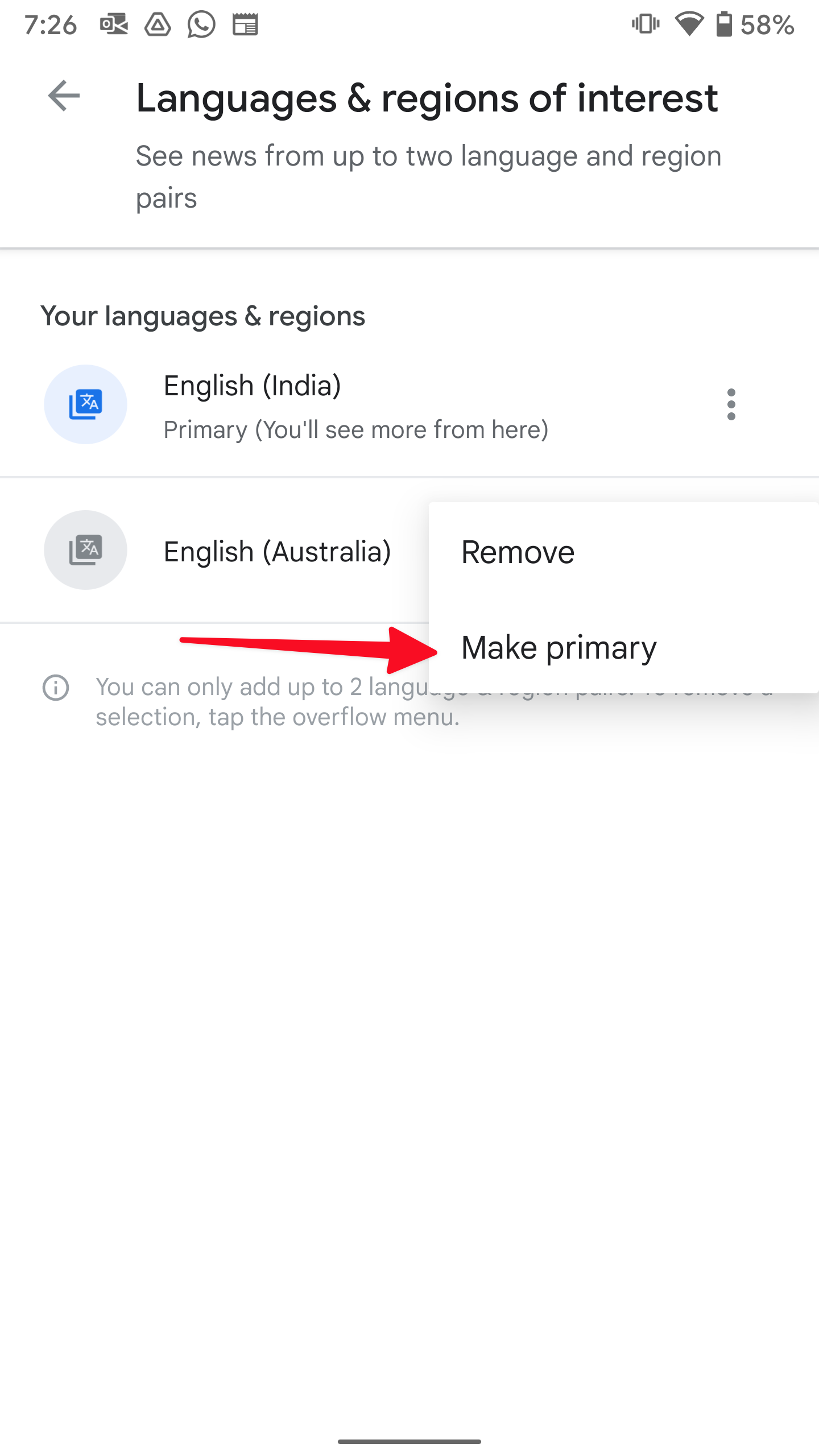 make primary region in google news