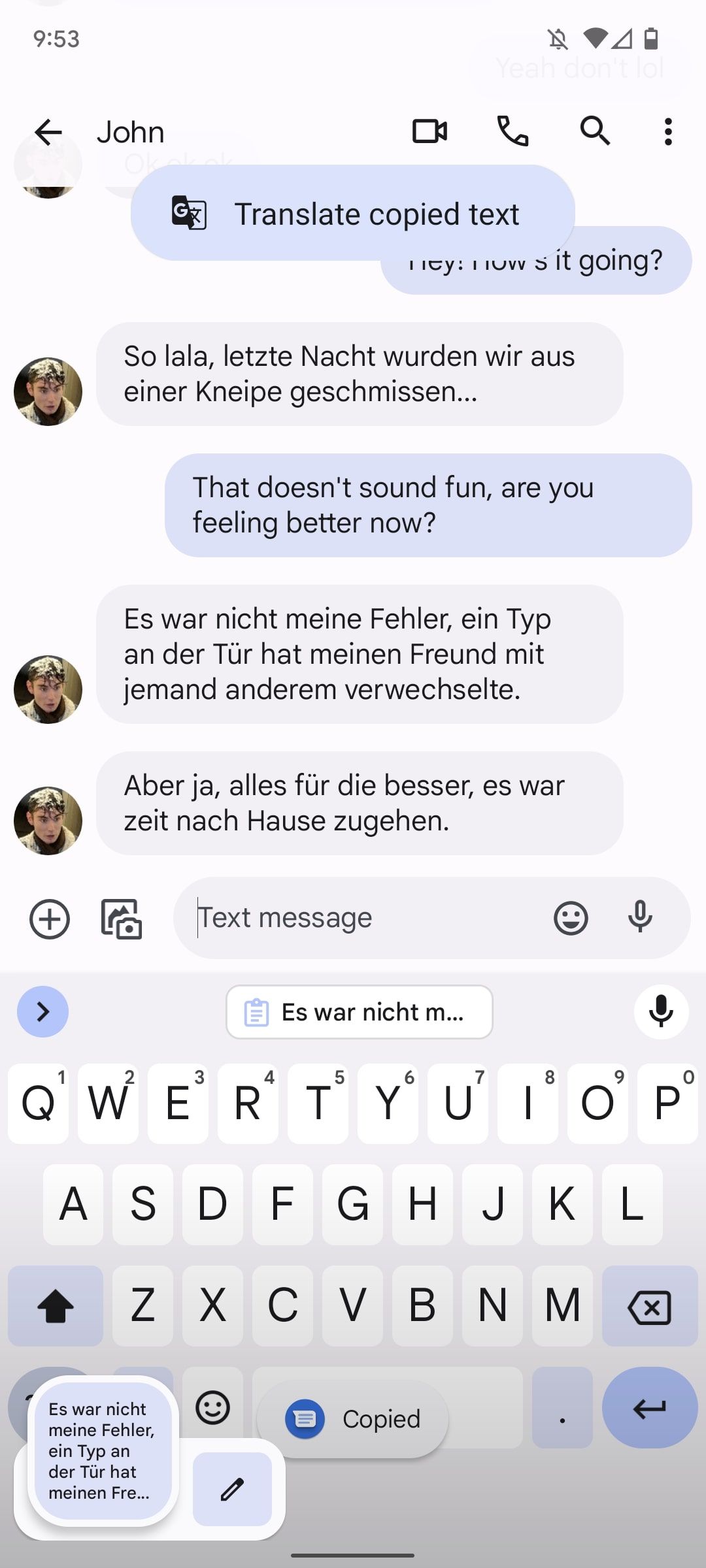 A text message conversation in white and blue.