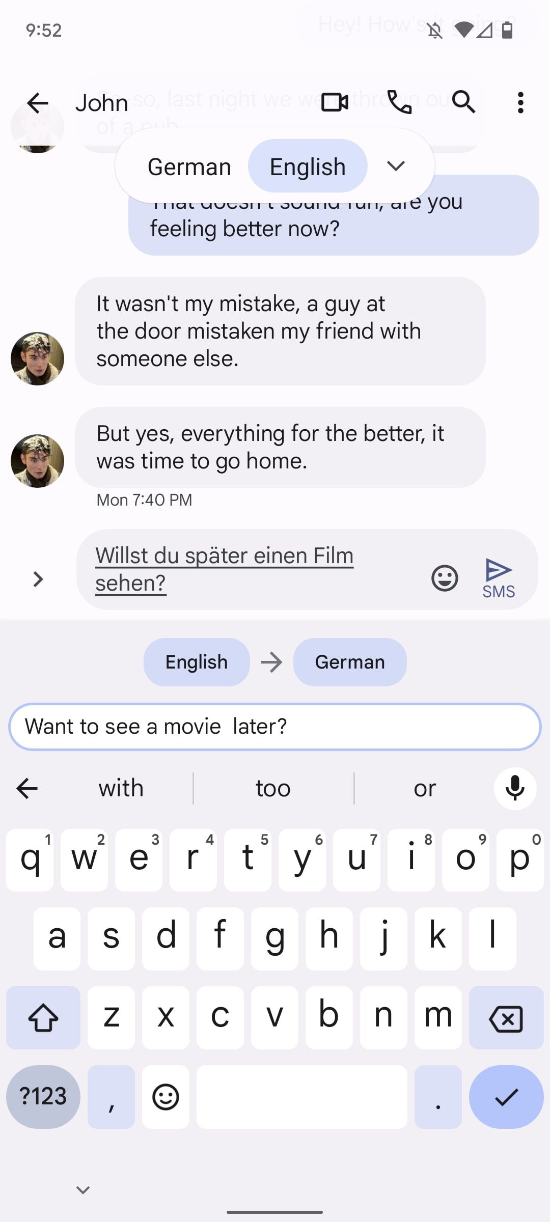 A text message conversation showing a language being translanted from English to German.