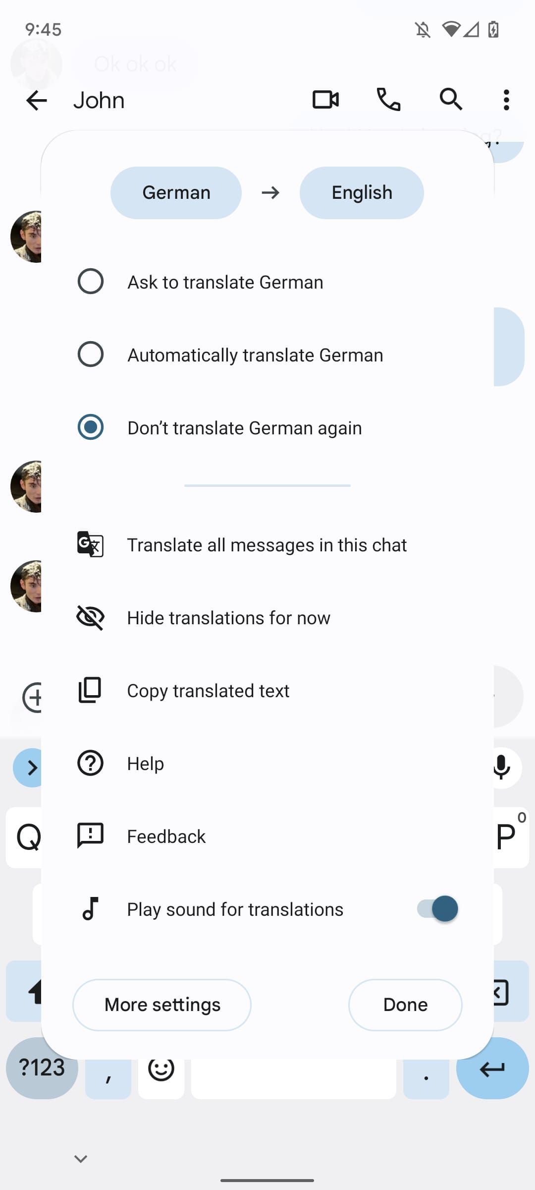 The Message settings for Live Translate.