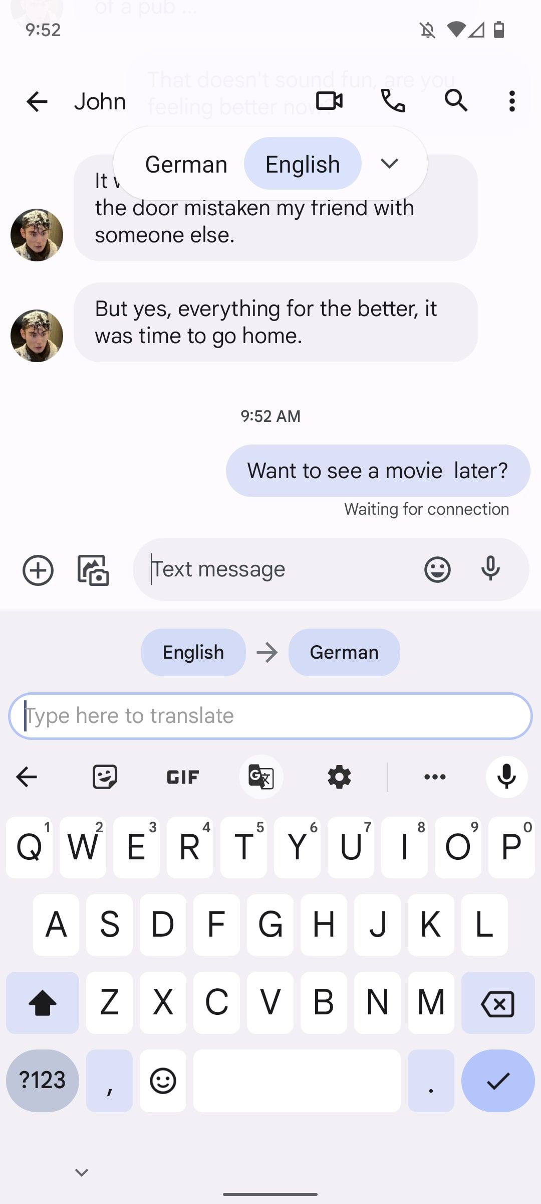 A text message conversation showing text being converted from English to German.