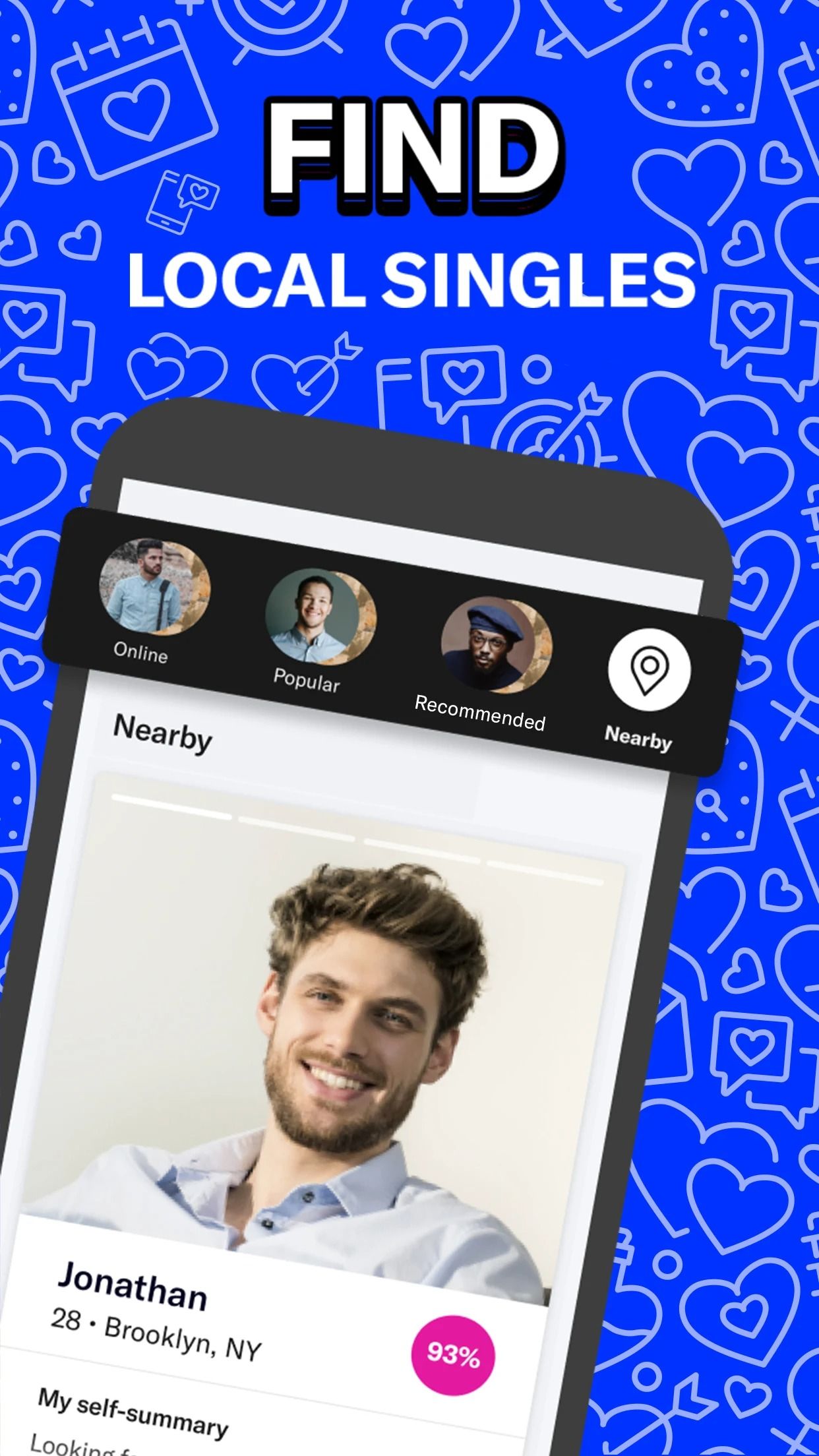 screenshot of dating app profile on blue background