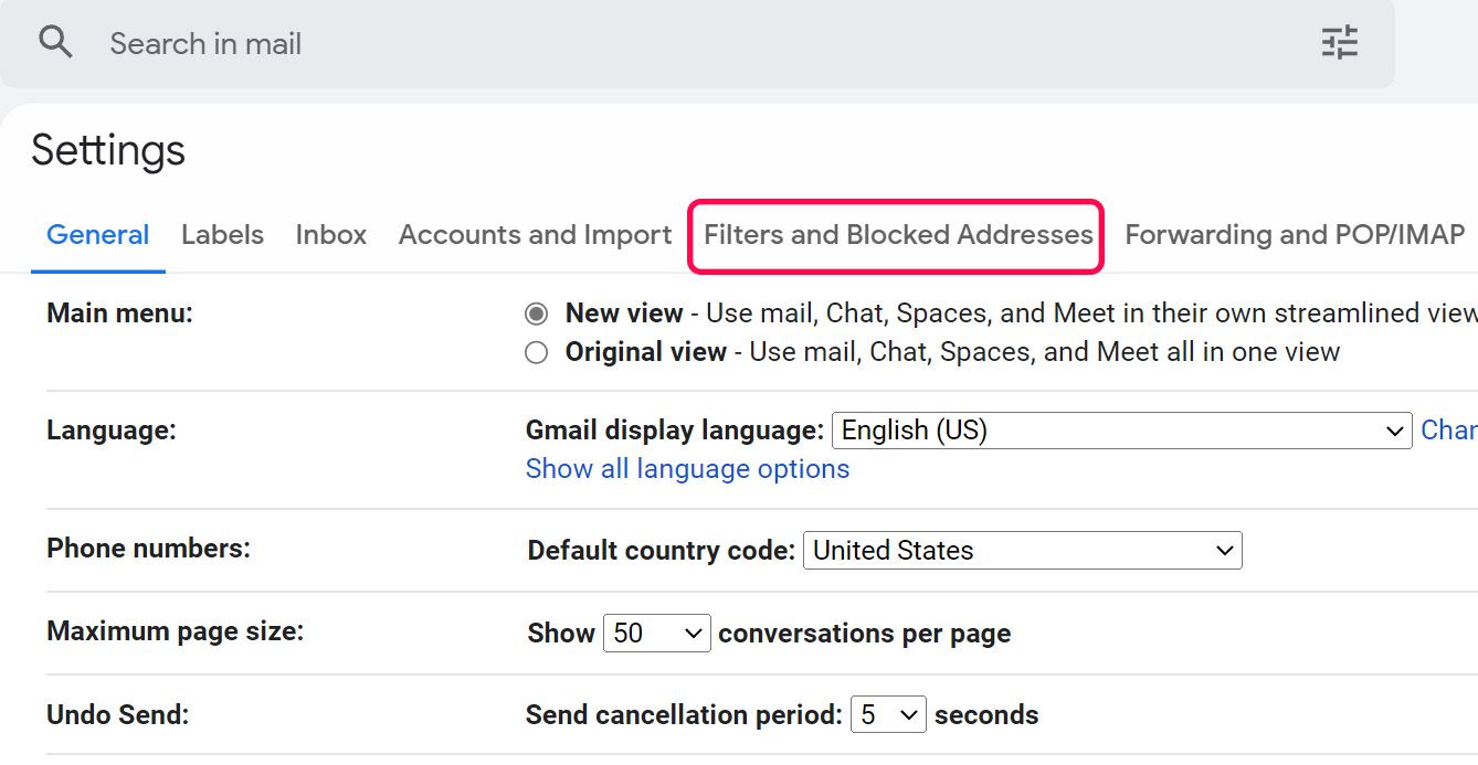 filtros e endereços bloqueados no Gmail