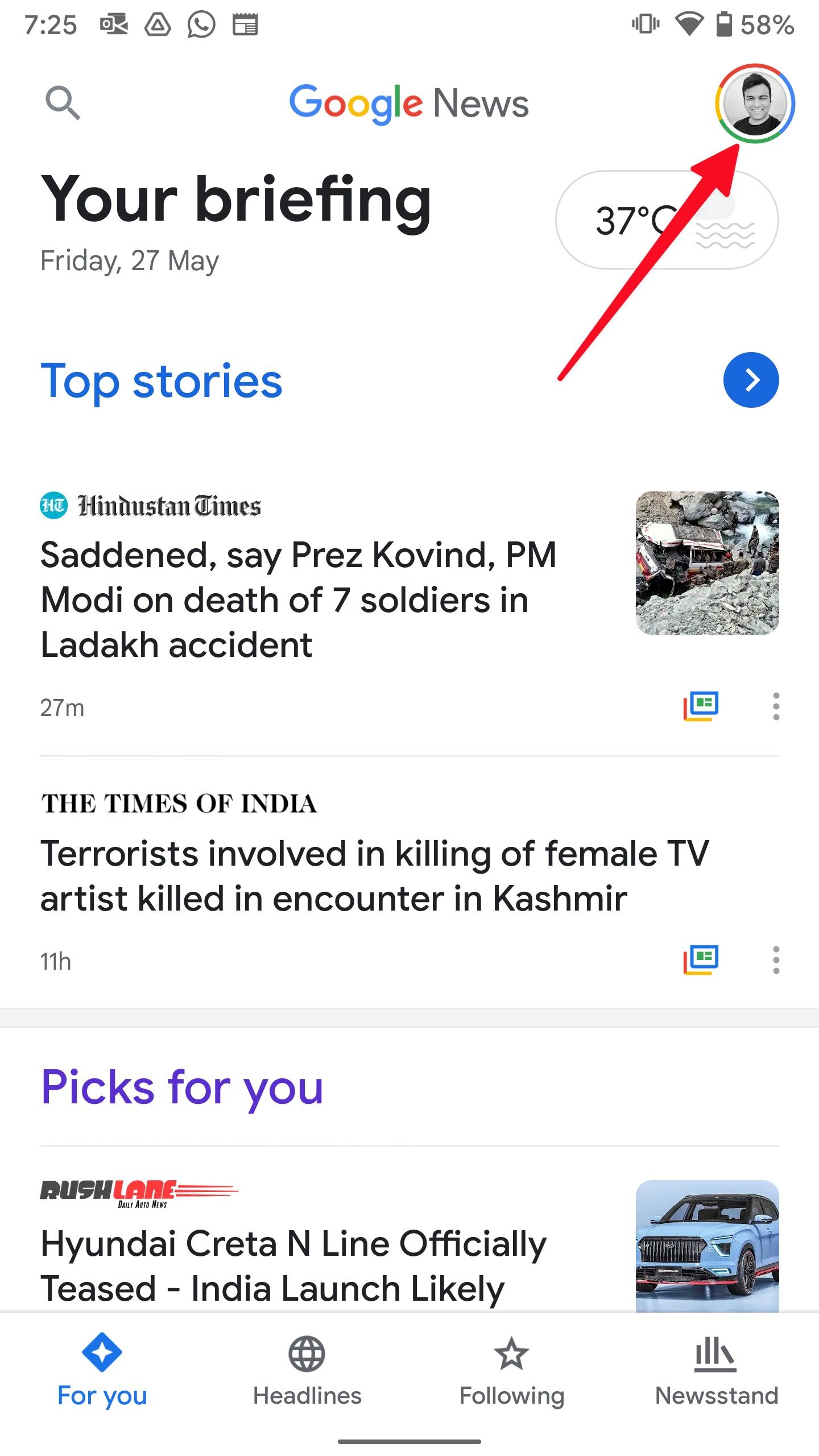 buka menu gambar profil di Google News