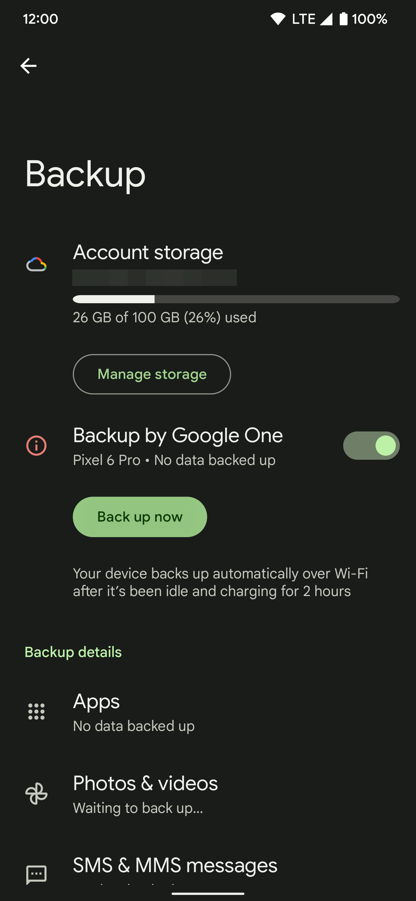 The main backup screen for backing data in the Google One app.
