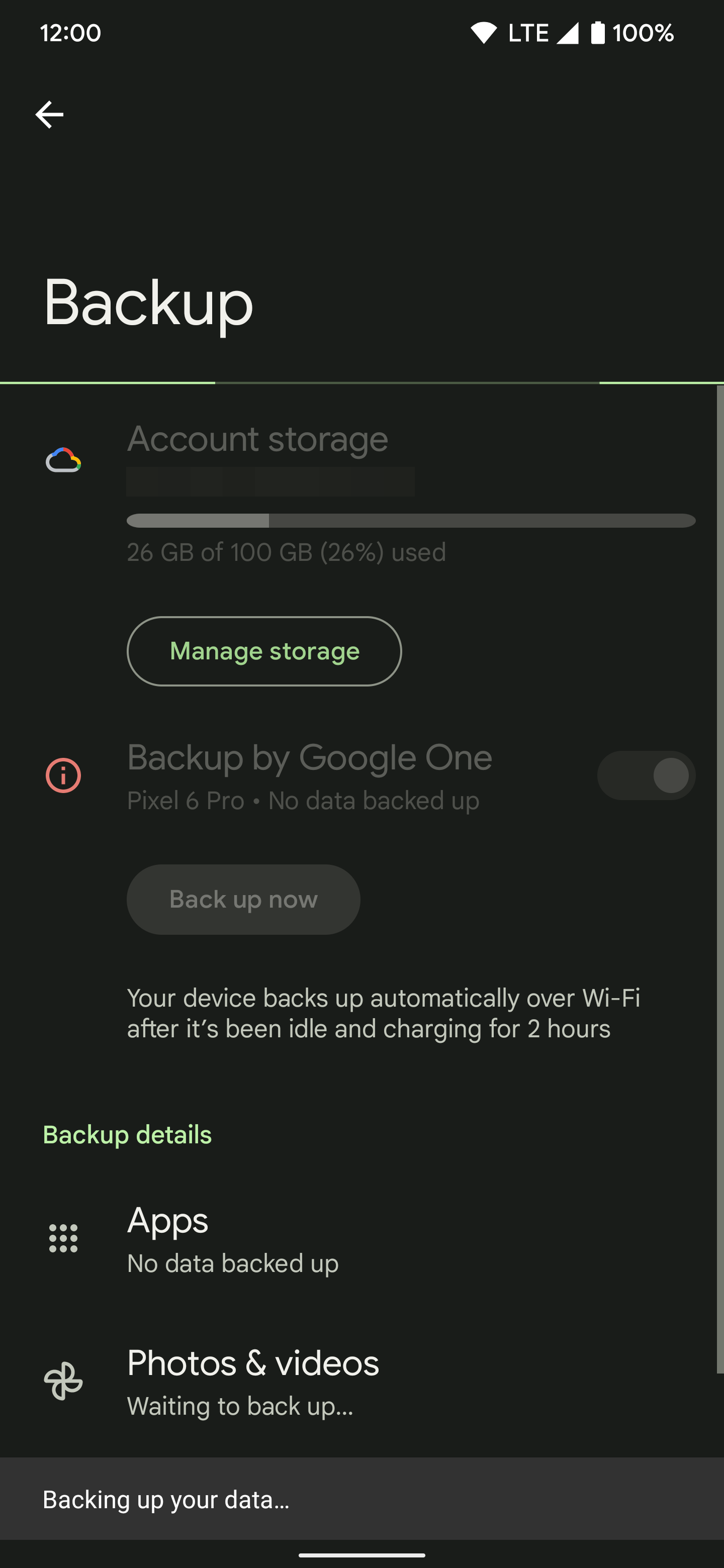 A new backup has been started in the Google One app