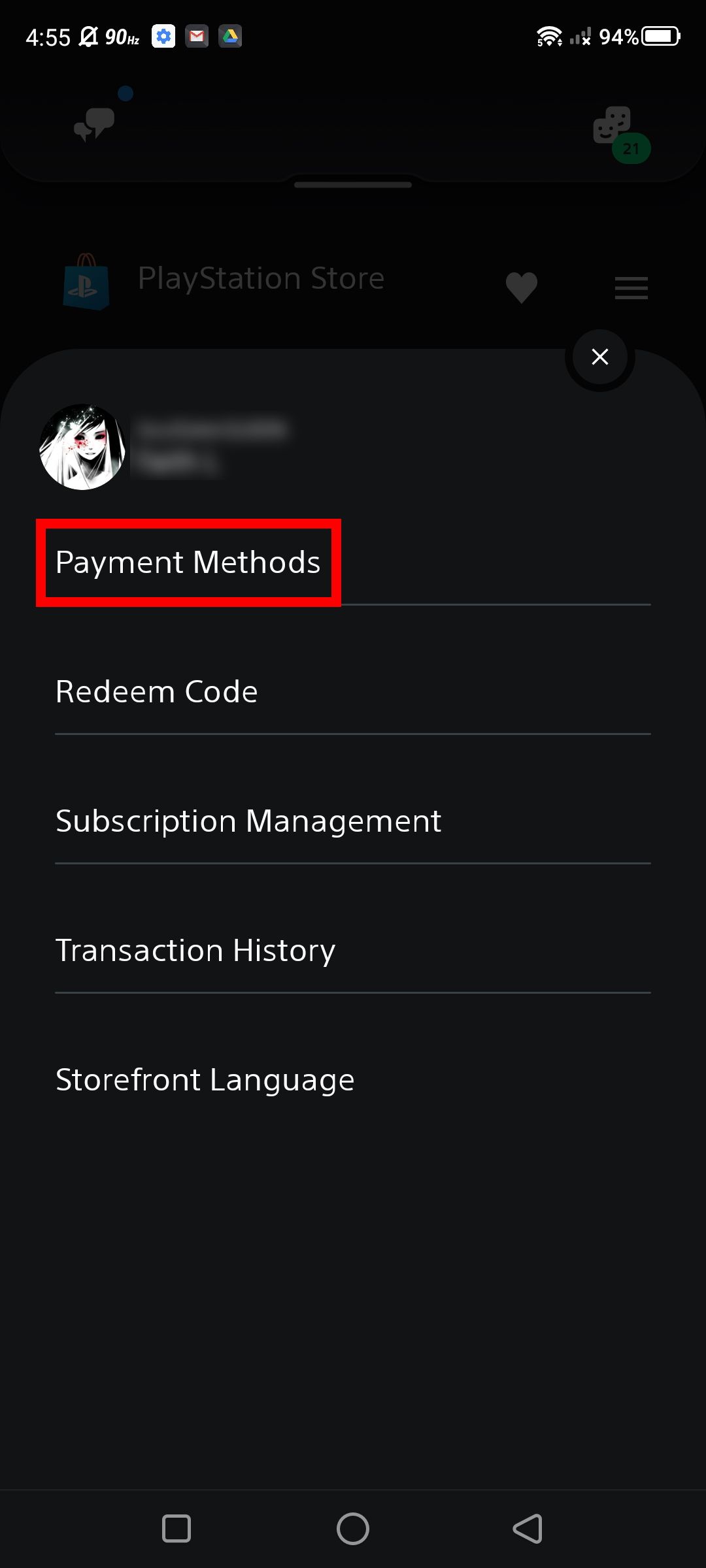 Cuplikan layar opsi metode pembayaran di bawah pengaturan