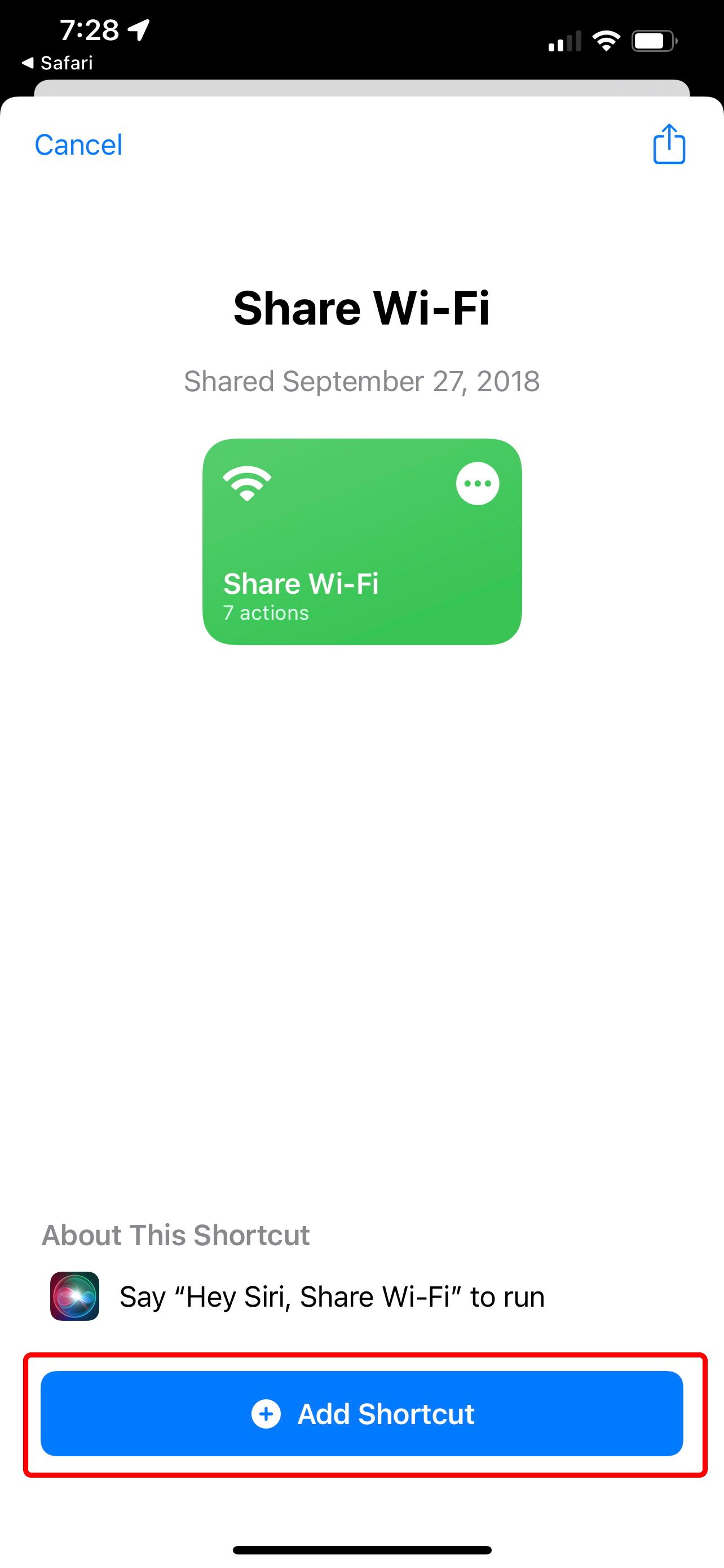 share wifi shortcut page with the add shortcut button highlighted