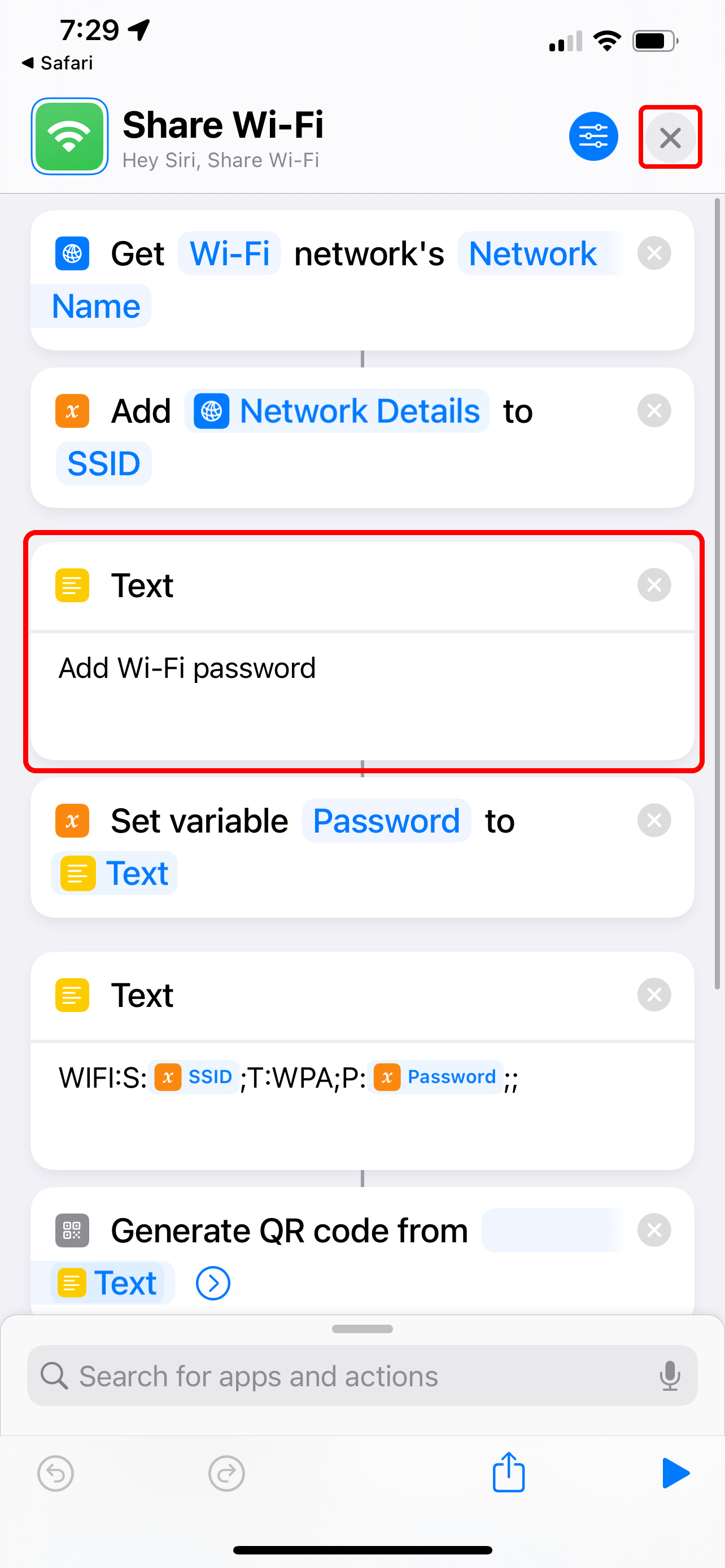 share wifi adjustment page with the text input and the close button highlighted 