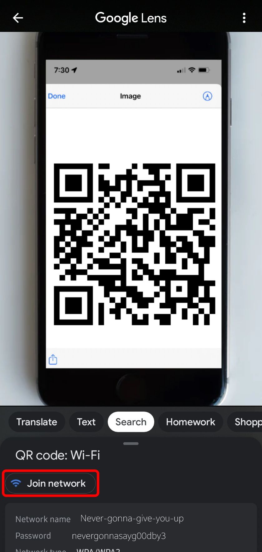 google lens app with a qr code in the viewport and the join network button highlighted