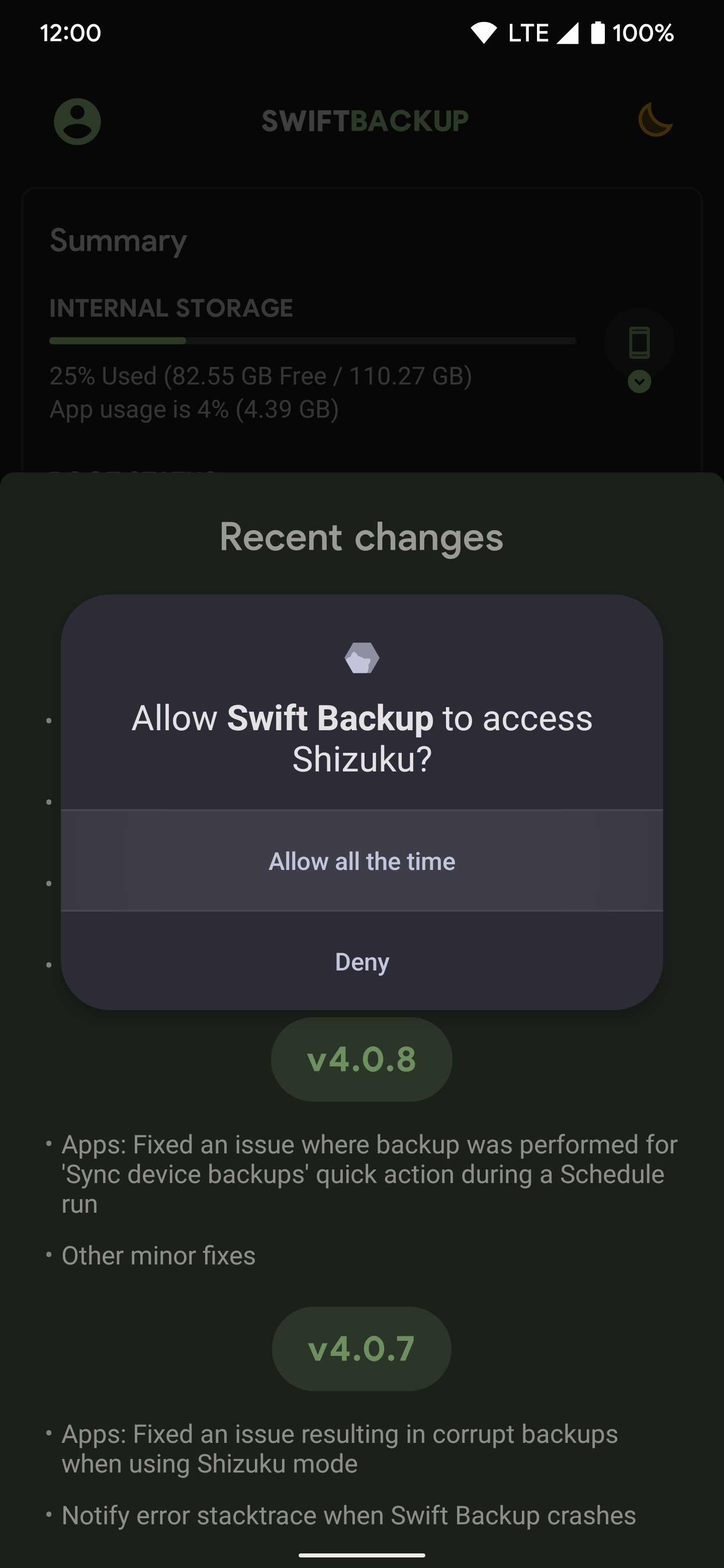 Allowing the Swift Backup app access to the Shizuku service
