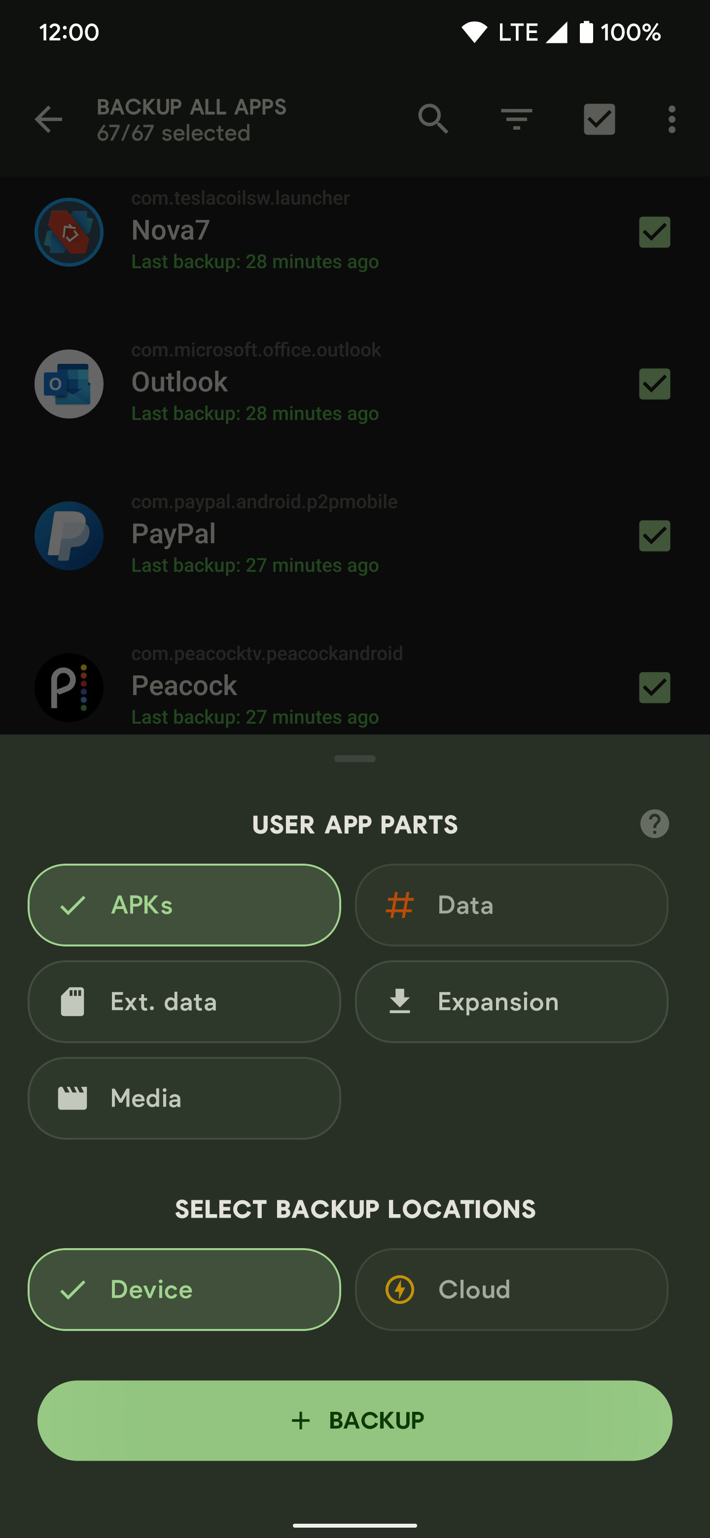 The user app settings when backing up apps in the Swift Backup app