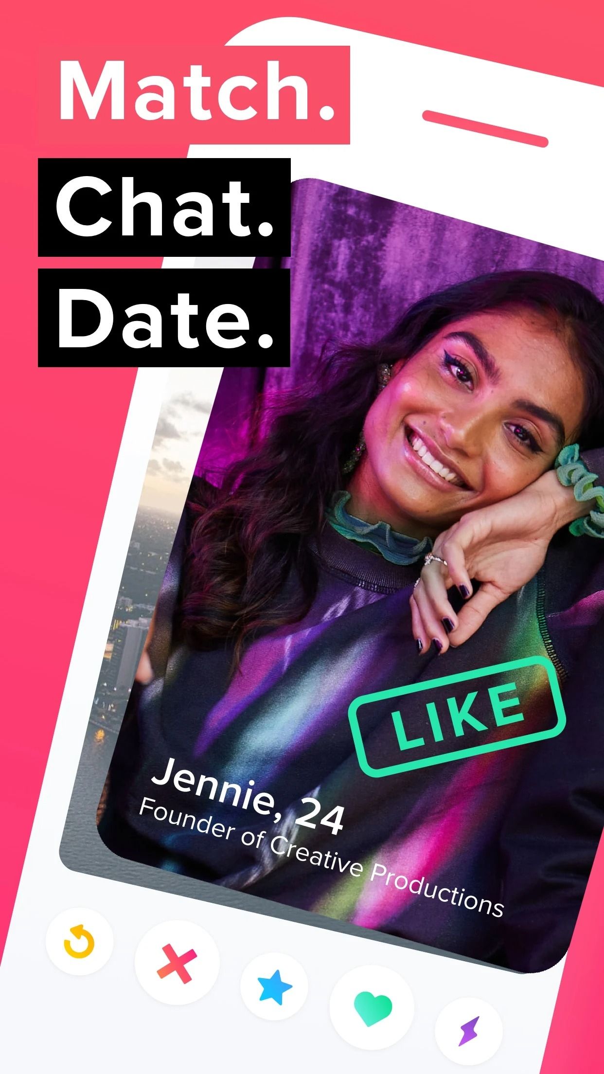 screenshot of dating app profile on pink background