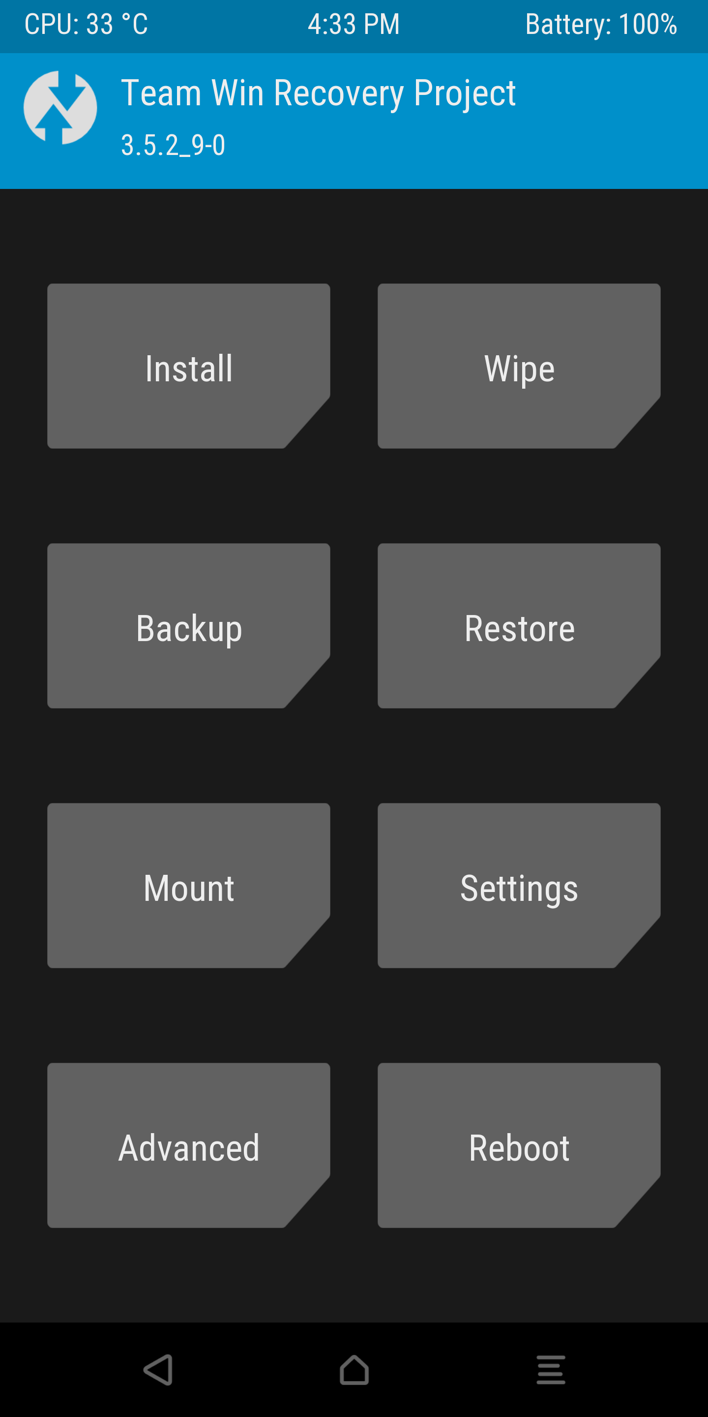 The main TWRP screen in the custom recovery environment 