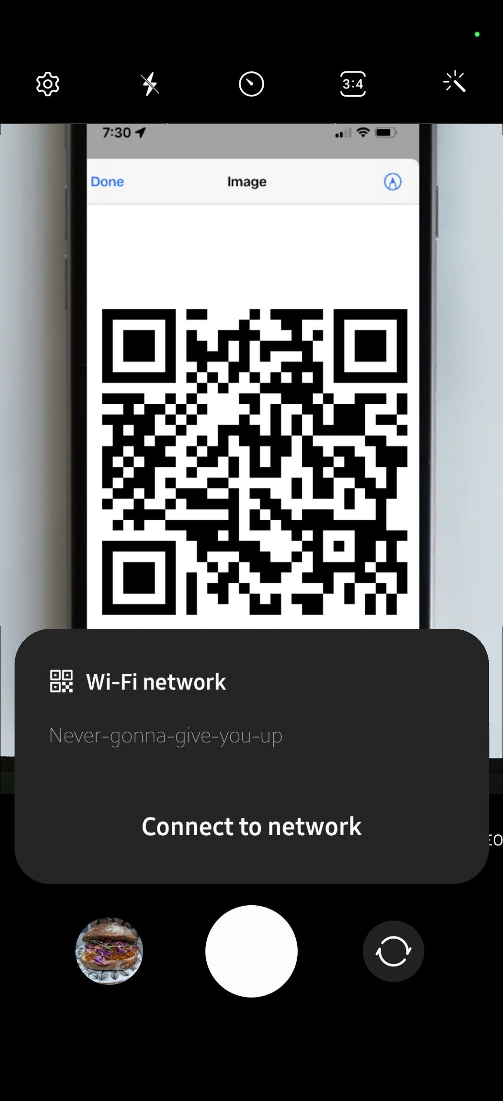samsung camera app with a qr code in the viewfinder and the popup prompting you to connect to the network