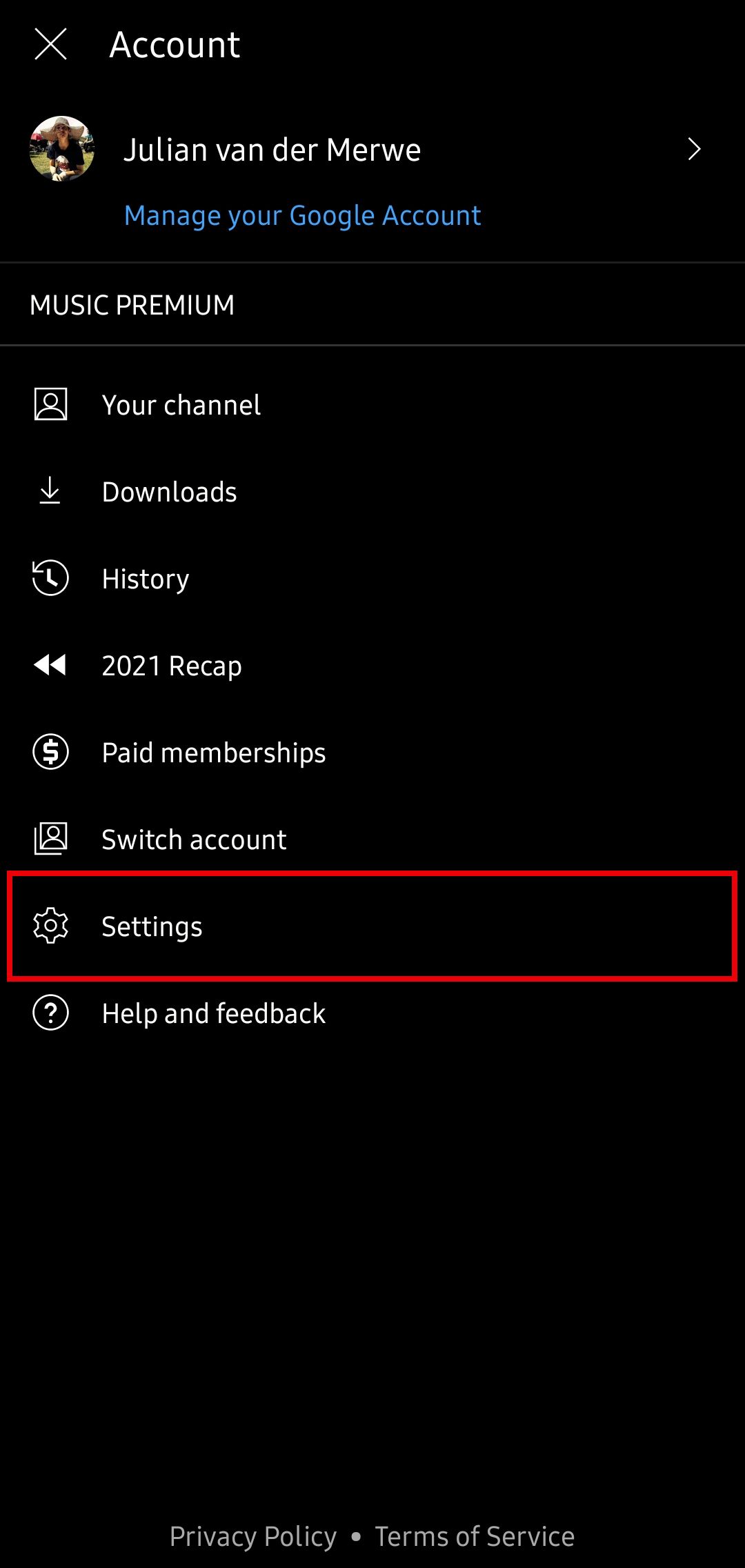 youtube music account page with settings highlighted