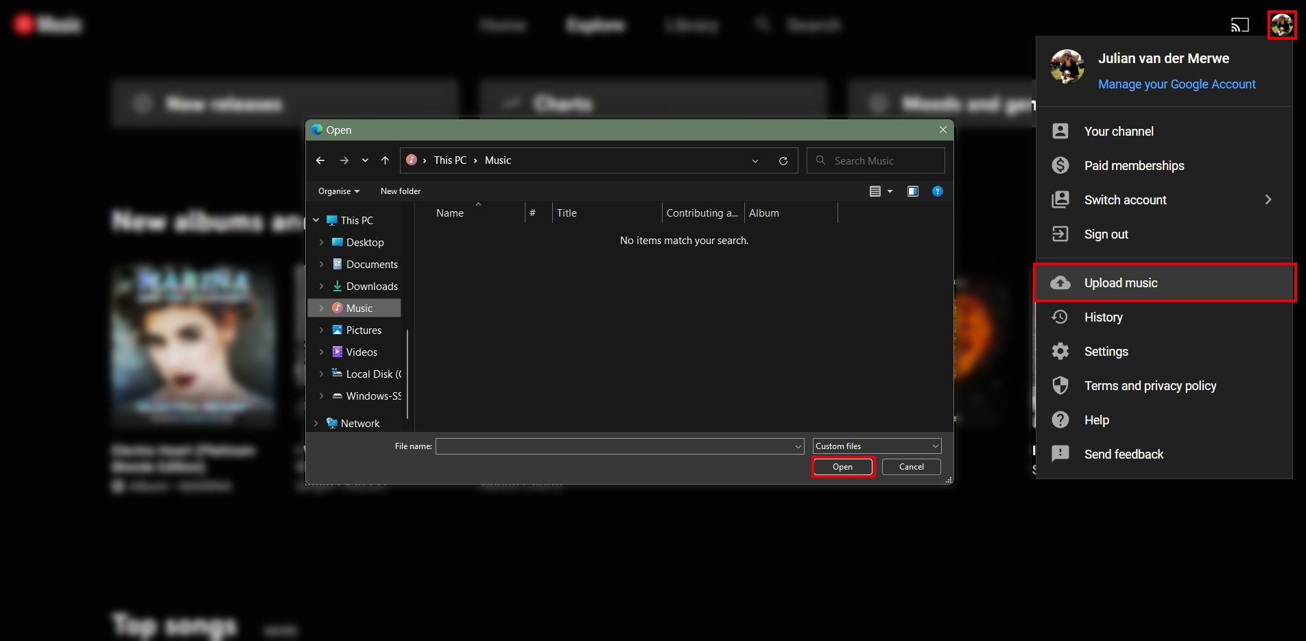 youtube music desktop interface with the file explorer open in order to upload music from your desktop
