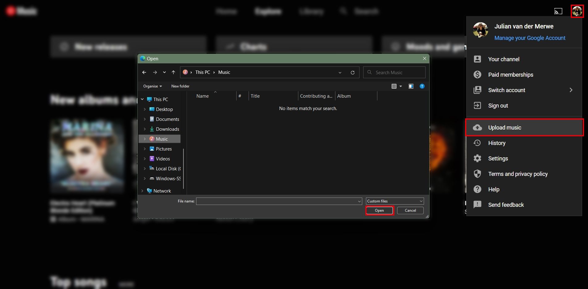 youtube  music desktop interface with the file explorer open in order to upload music from your desktop