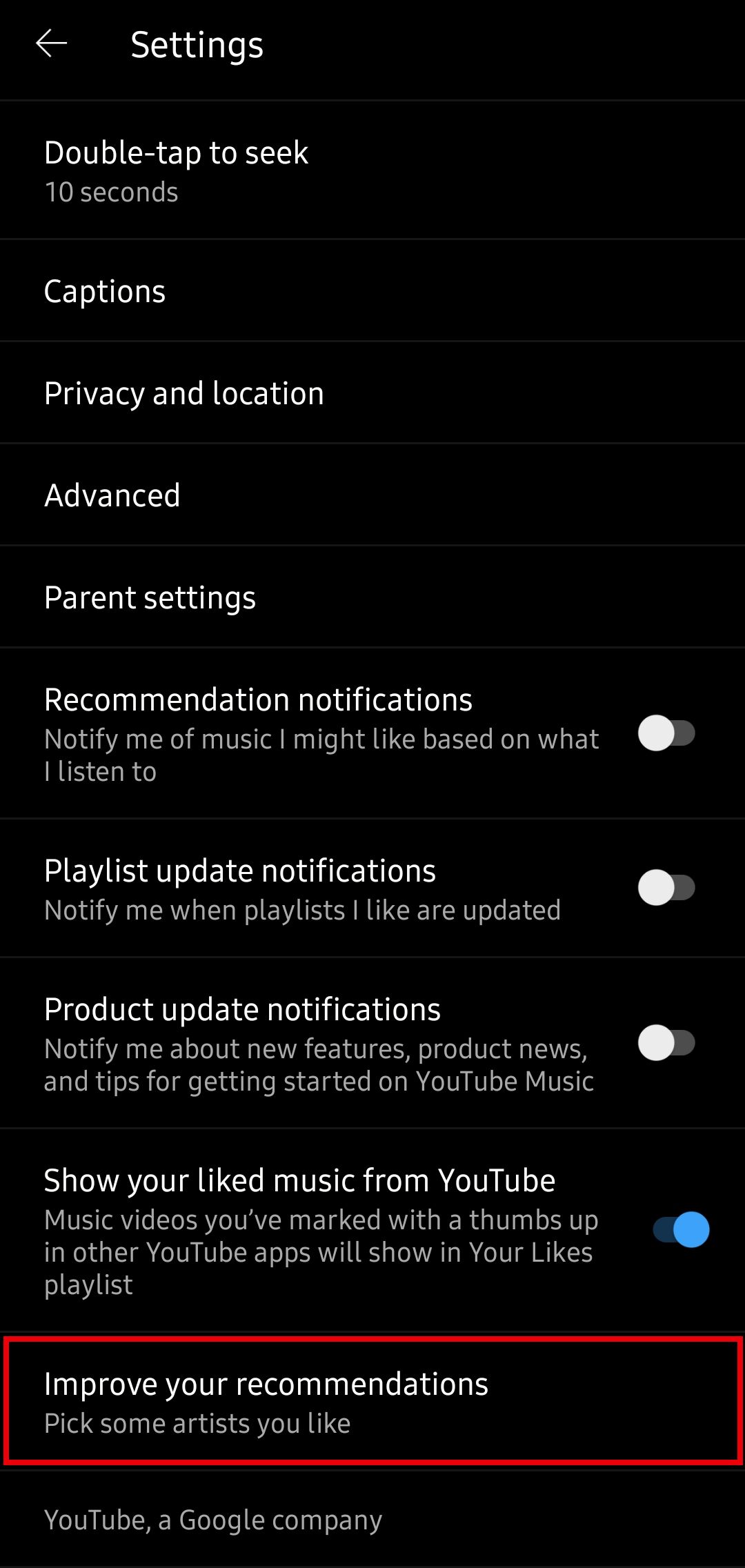 youtube music settings page with the option to improve your recommendations highlighted
