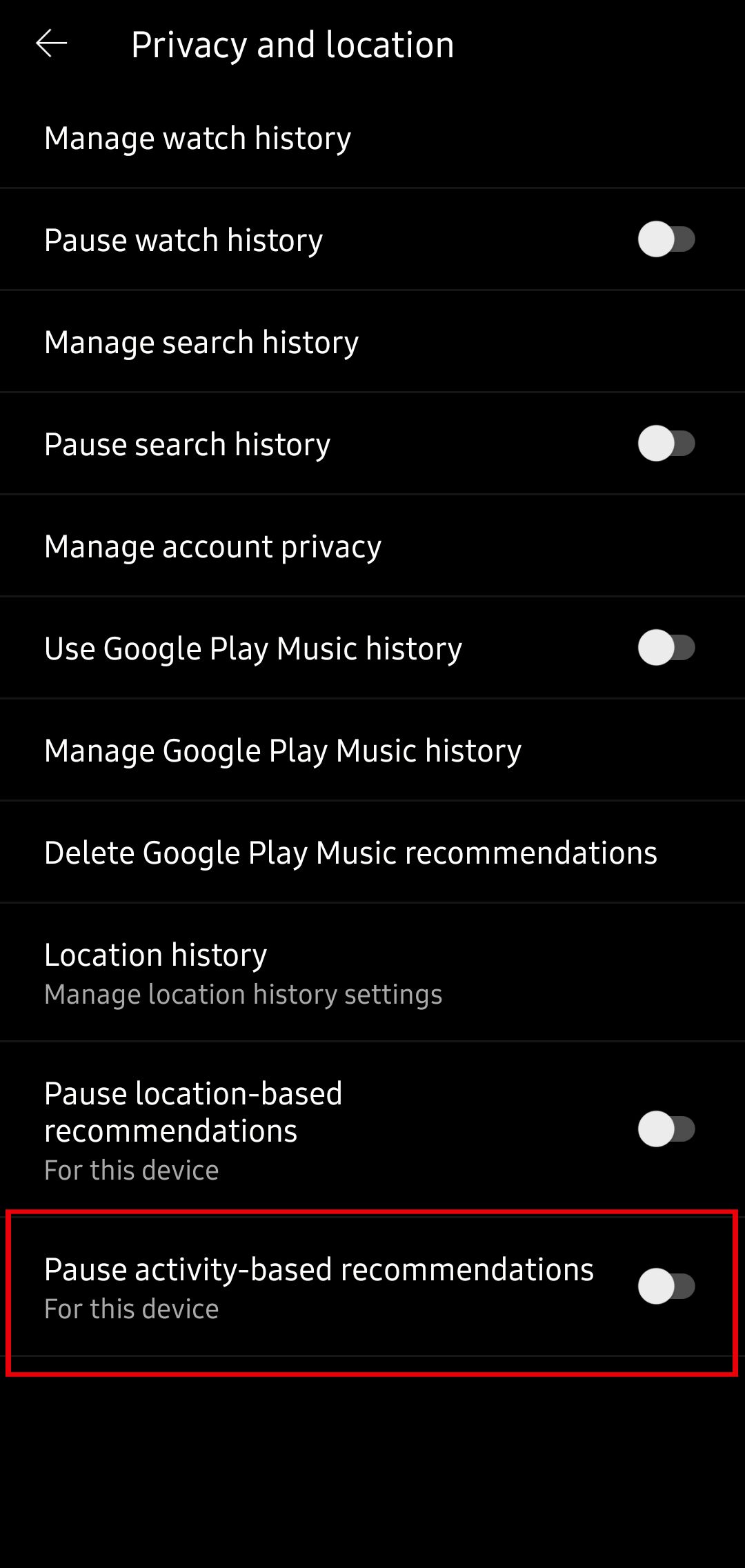 youtube music privacy and location options manage and pause activity-based recommendations