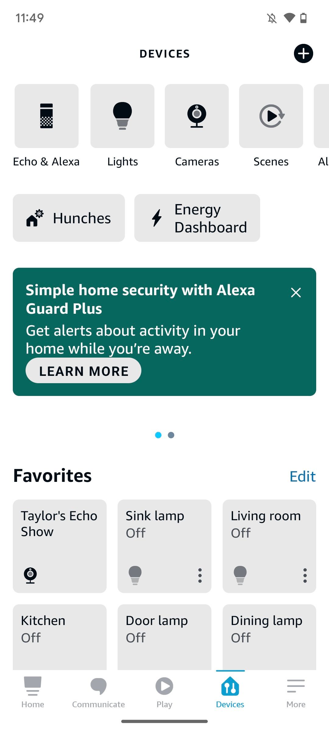 The Amazon Alexa app's devices tab.