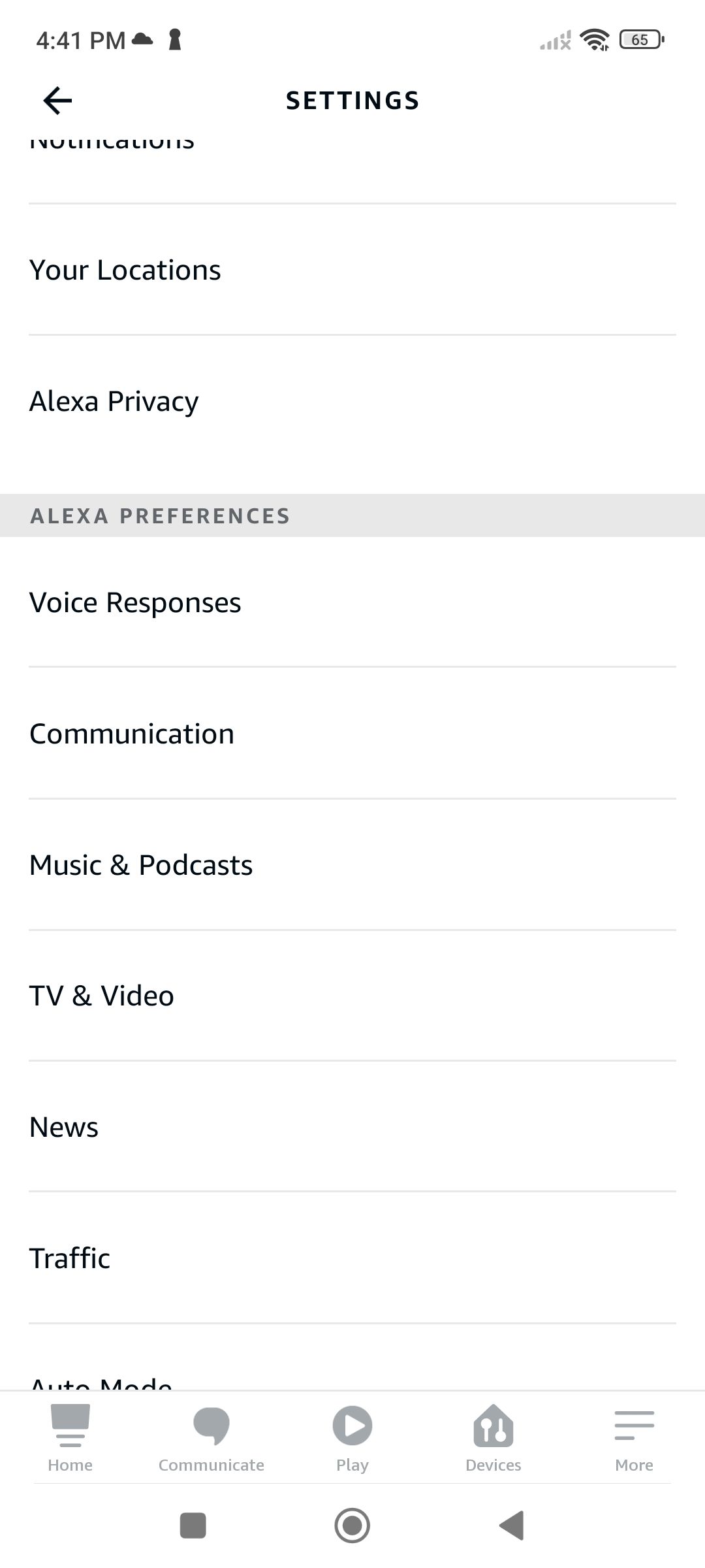 The Amazon Alexa app settings page.