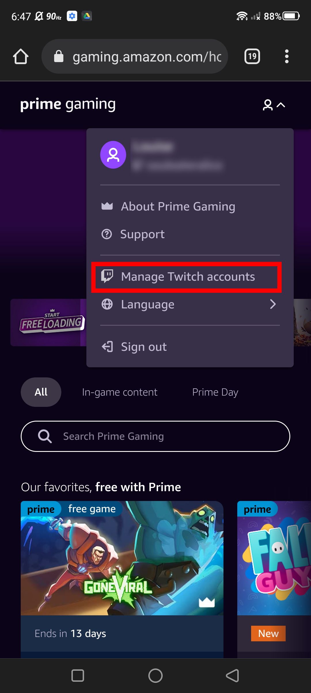 Screenshot of the Manage Twitch accounts option for Amazon Gaming (mobile web browser)