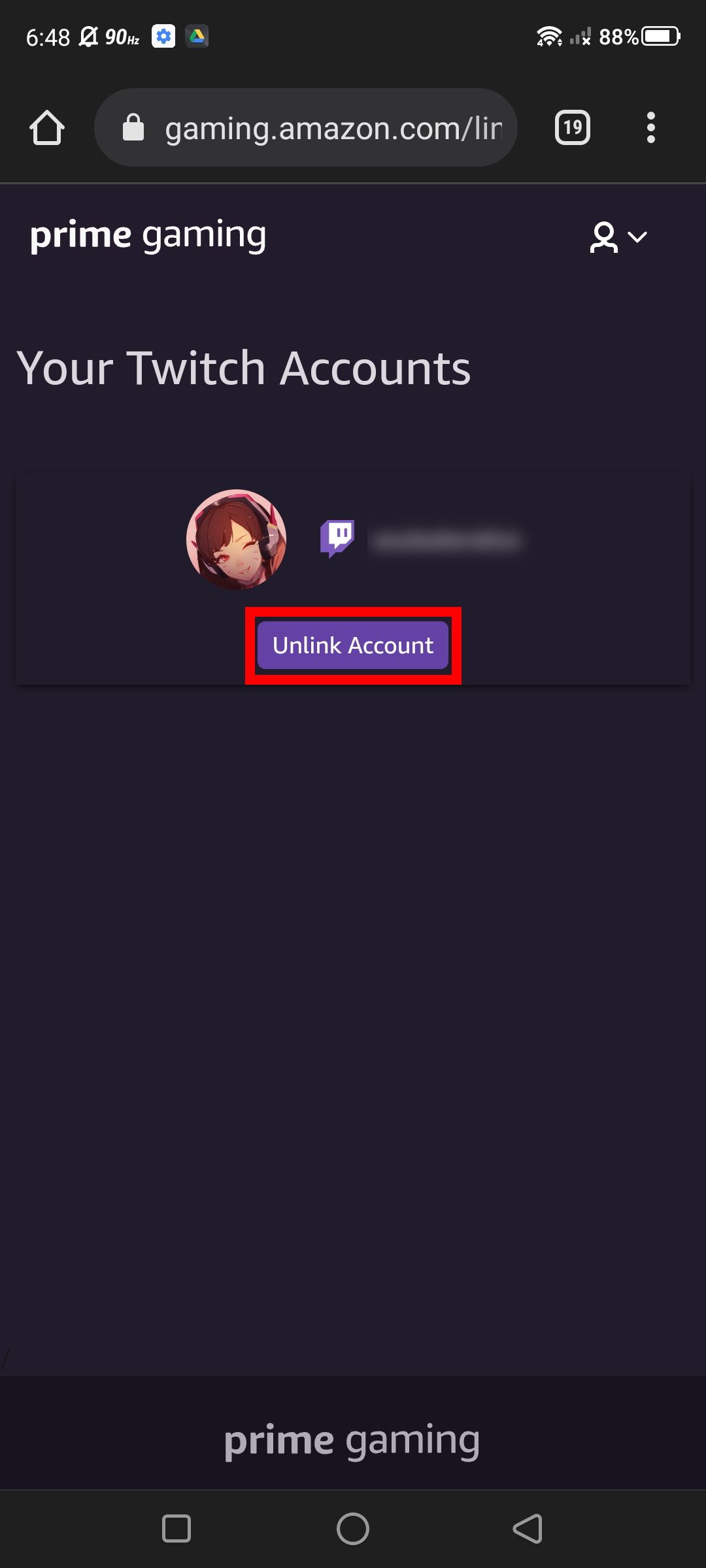 Screenshot of the Unlink Account button (Twitch account) on Amazon Gaming (mobile web browser)