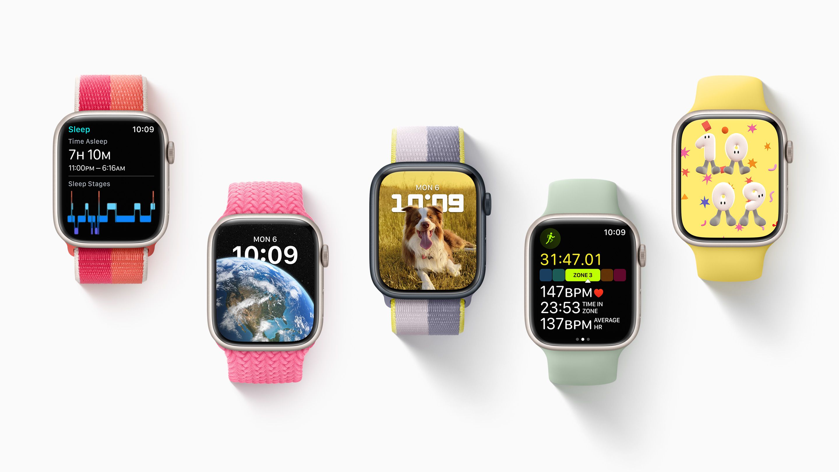 WatchOS 9 samples on five Apple Watches.