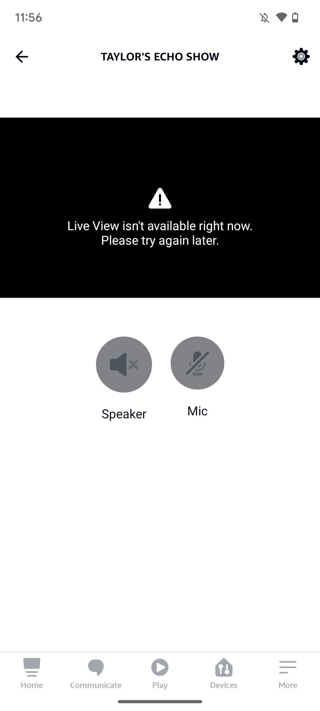 The Amazon Alexa app's Play tab showing an Echo Show camera feed.